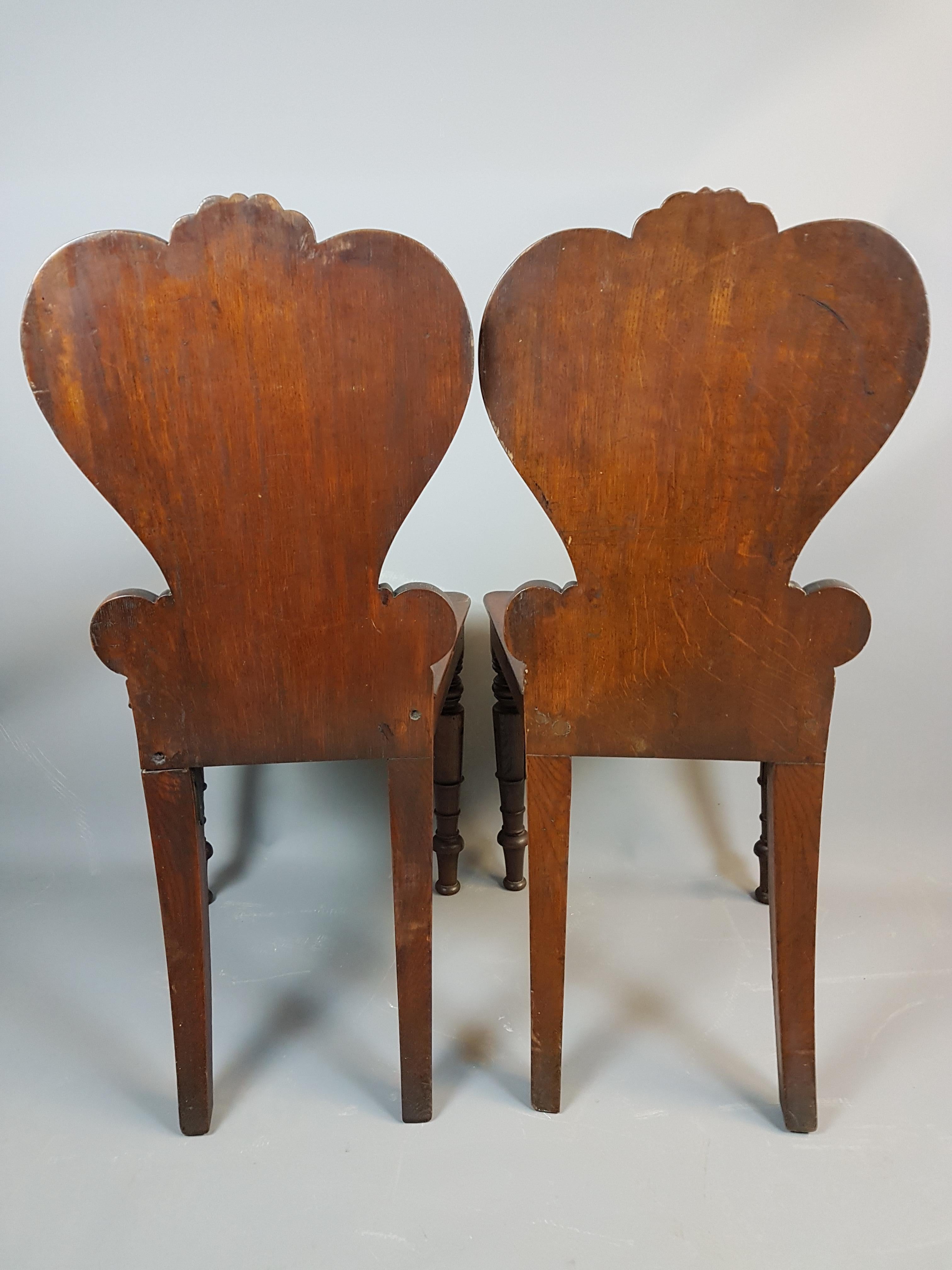 Carved Pair of William IV Oak Hall Chairs