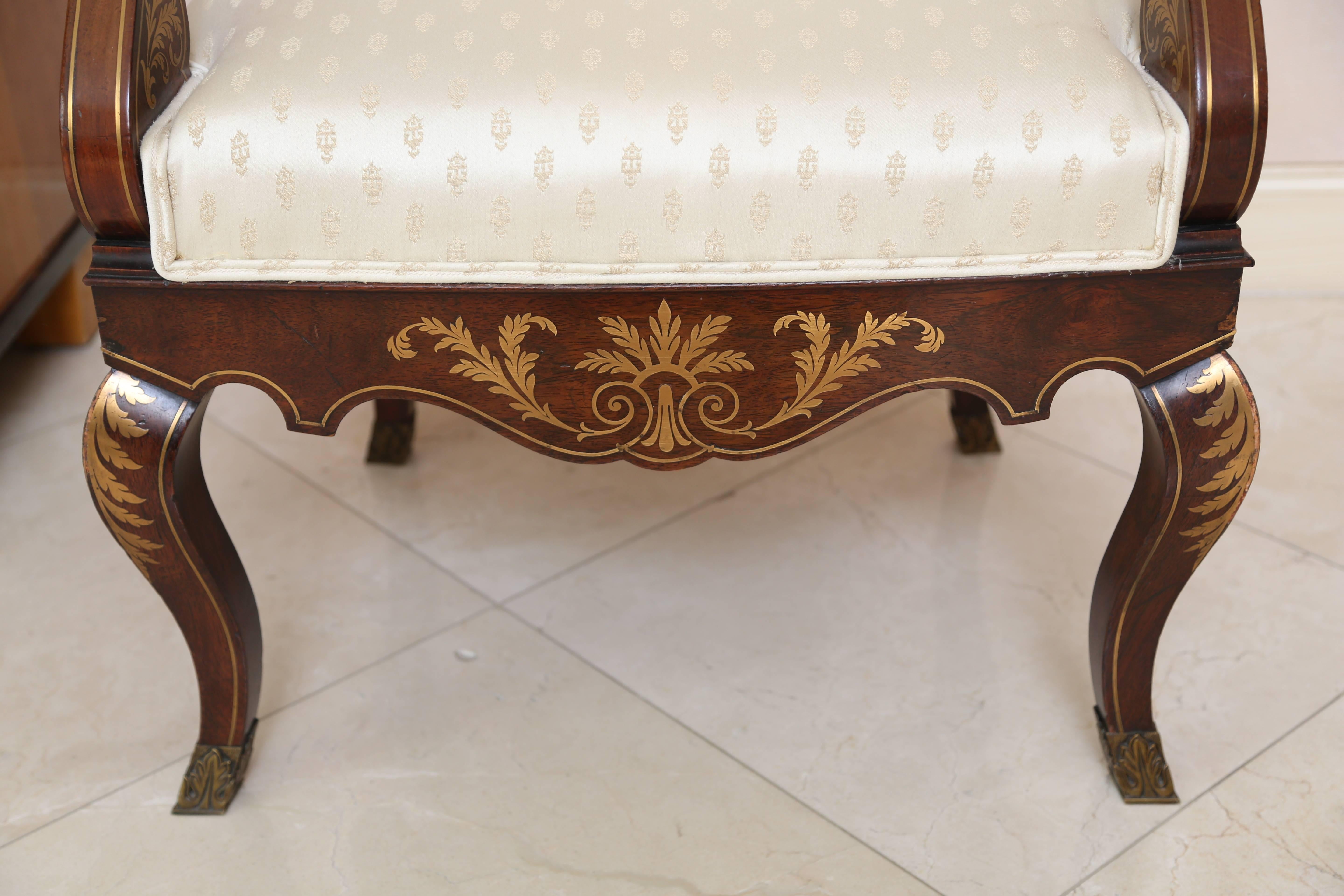 Pair of William IV Rosewood and Brass-Inlaid Armchairs For Sale 1
