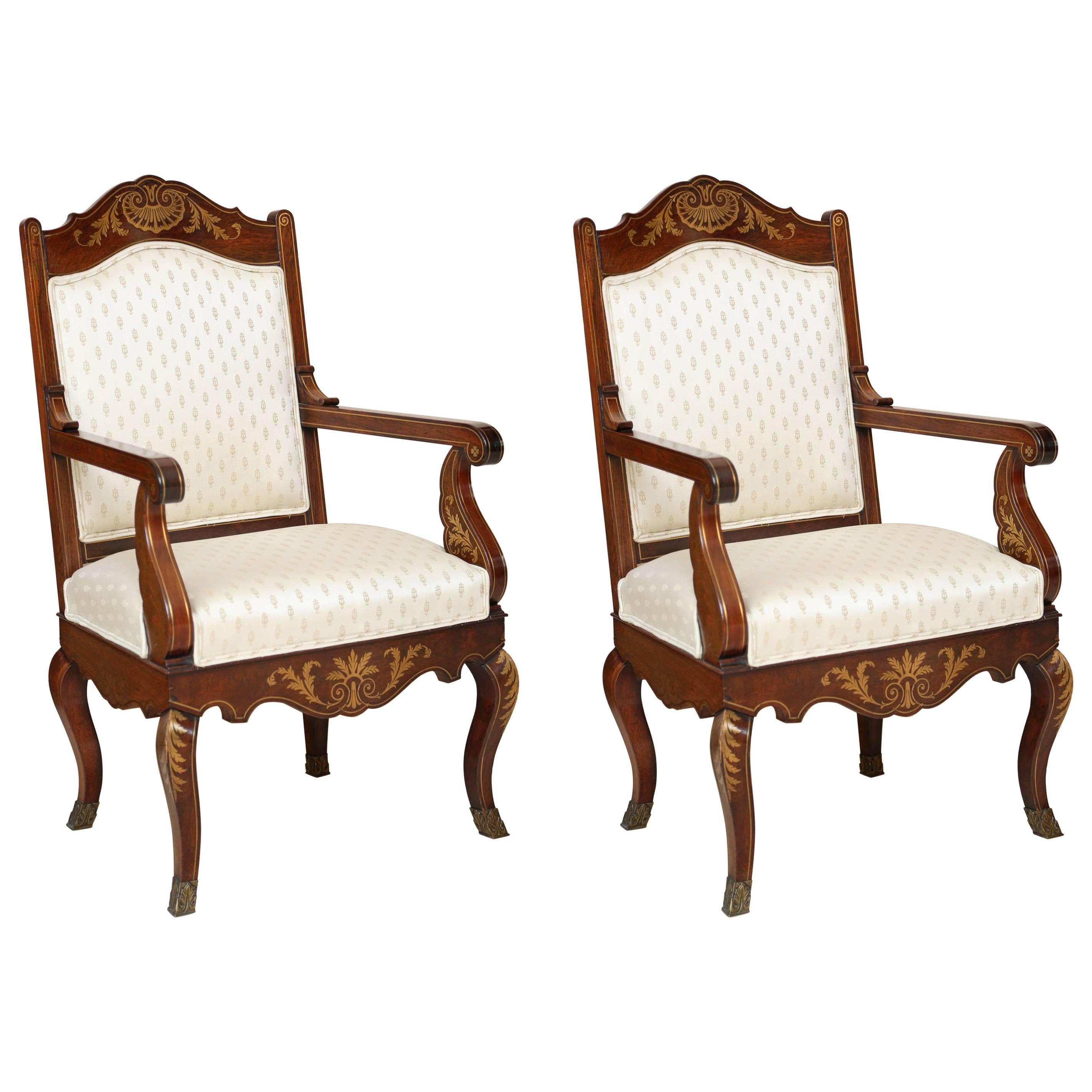 Pair of William IV Rosewood and Brass-Inlaid Armchairs