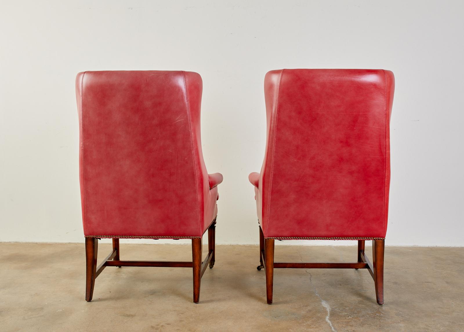 Pair of William IV Style Leather Mahogany Library Wingback Chairs 10