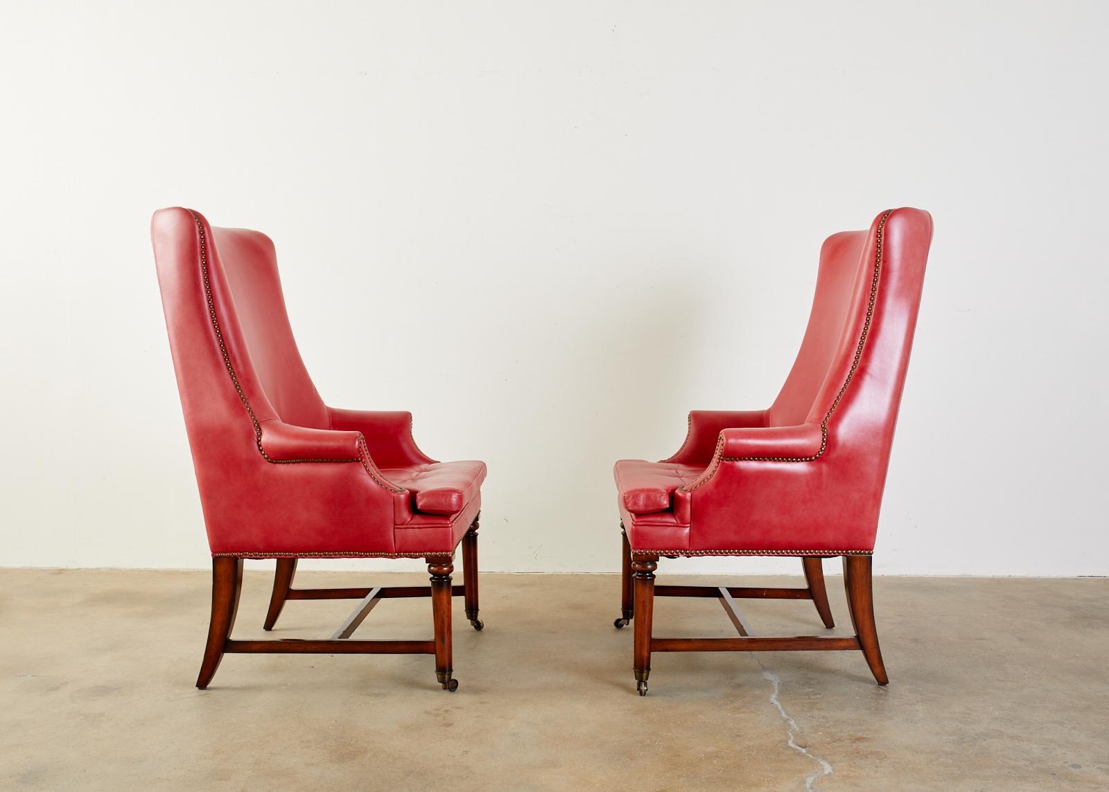 Pair of William IV Style Leather Mahogany Library Wingback Chairs In Good Condition In Rio Vista, CA
