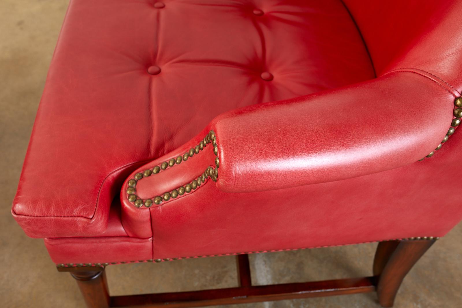 20th Century Pair of William IV Style Leather Mahogany Library Wingback Chairs