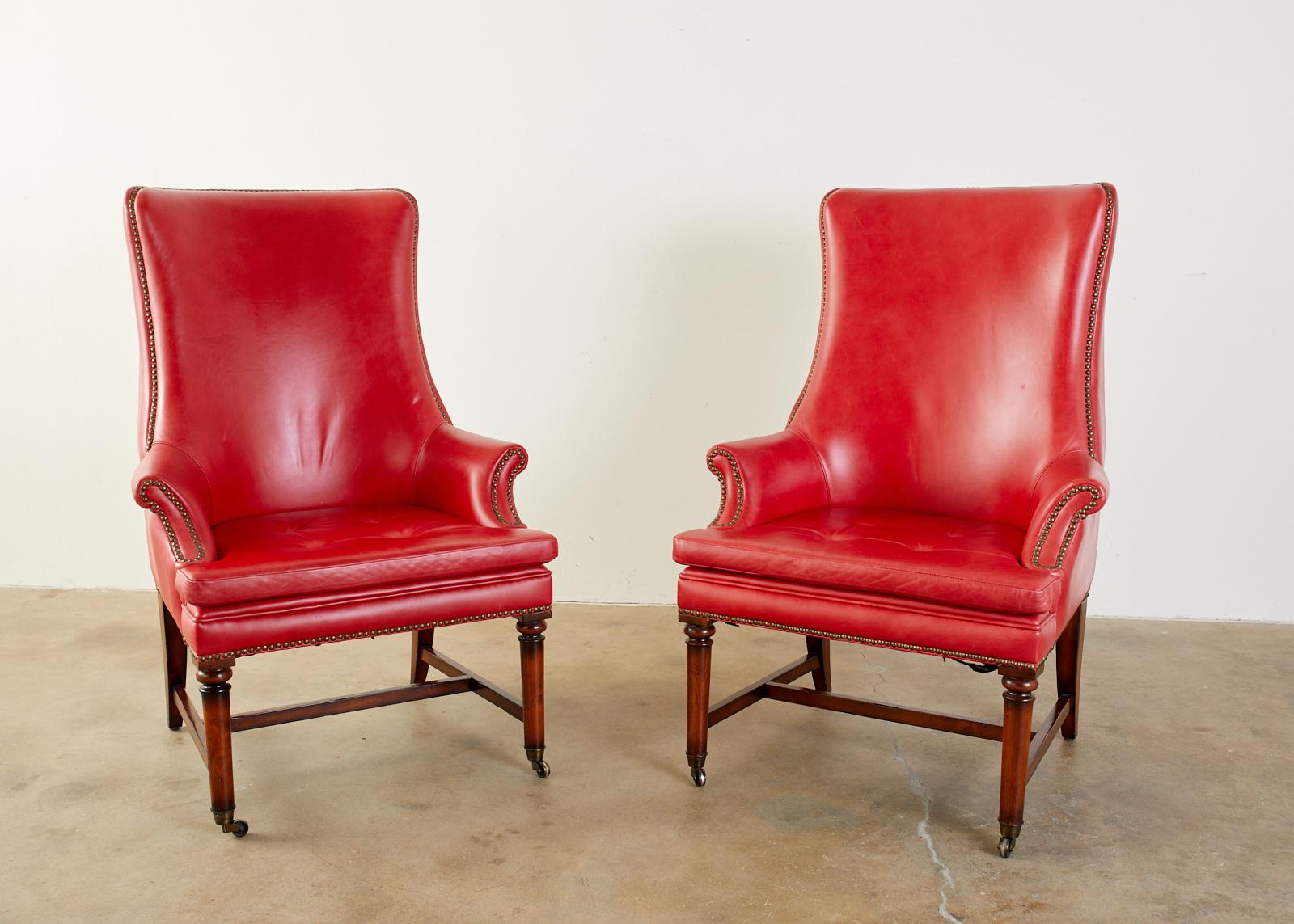 Brass Pair of William IV Style Leather Mahogany Library Wingback Chairs