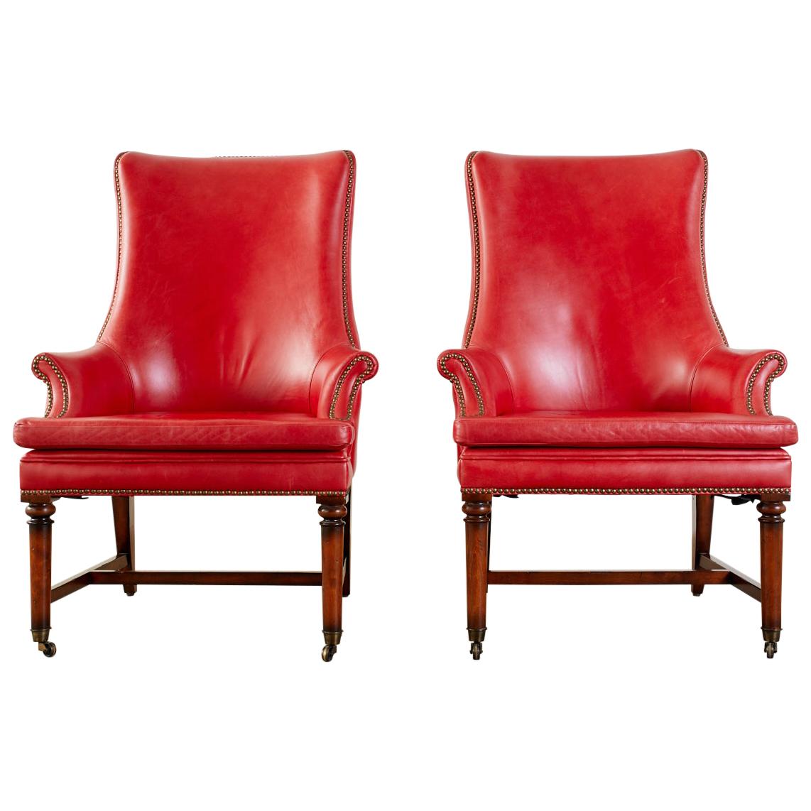 Pair of William IV Style Leather Mahogany Library Wingback Chairs