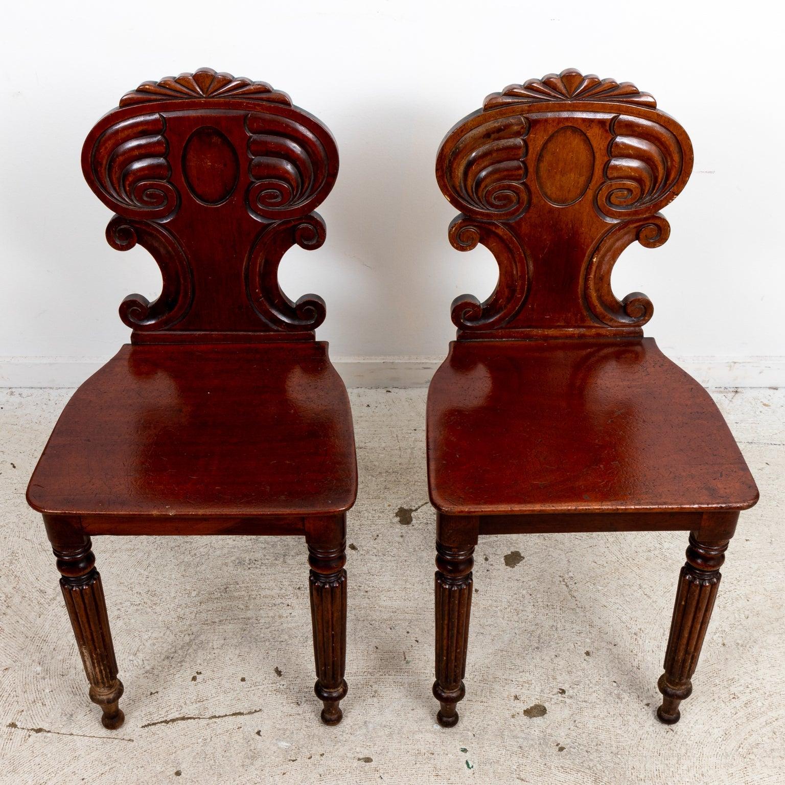 Carved Pair of William IV Style Walnut Hall Chairs
