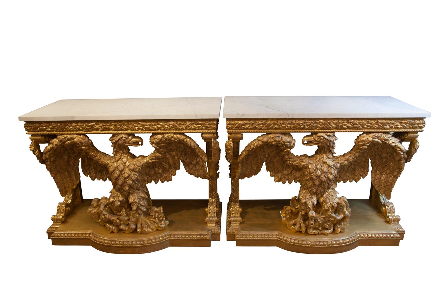 Contemporary Pair of William Kent Design Carved Giltwood Eagle Consoles