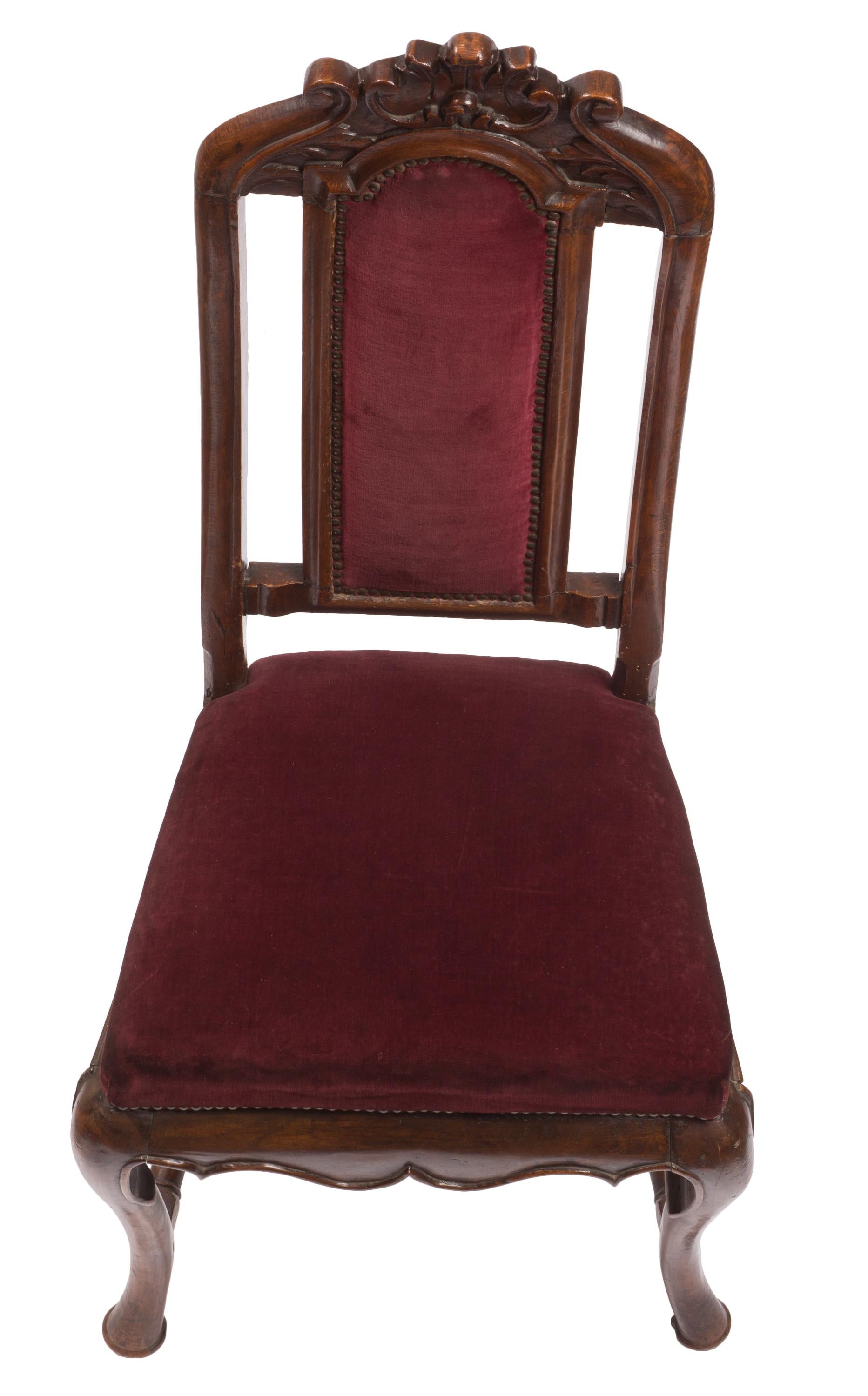 Walnut Pair of William & Mary / Queen Anne Style Chairs with Burgundy Velvet Upholstery For Sale