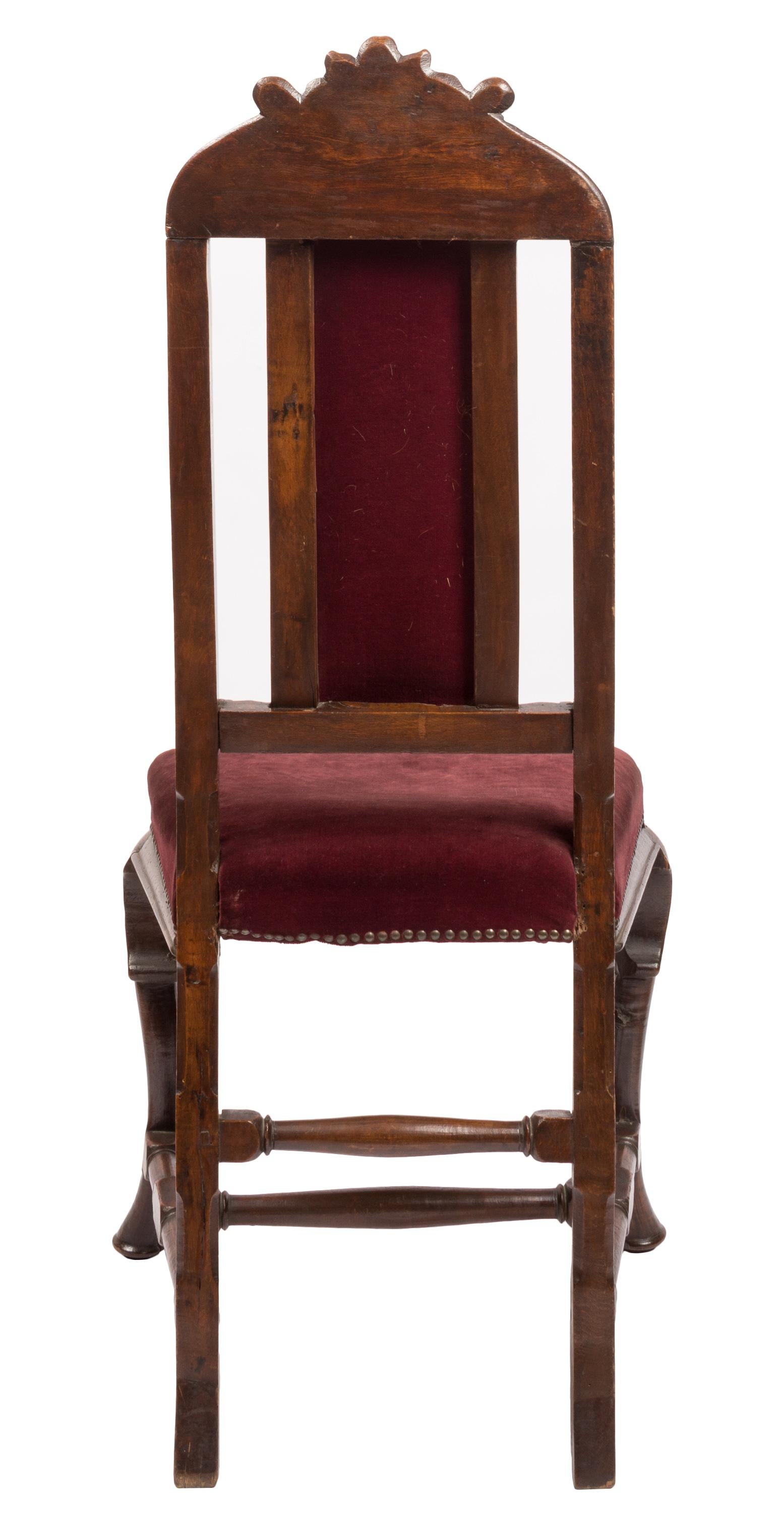 William and Mary Pair of William & Mary / Queen Anne Style Chairs with Burgundy Velvet Upholstery For Sale