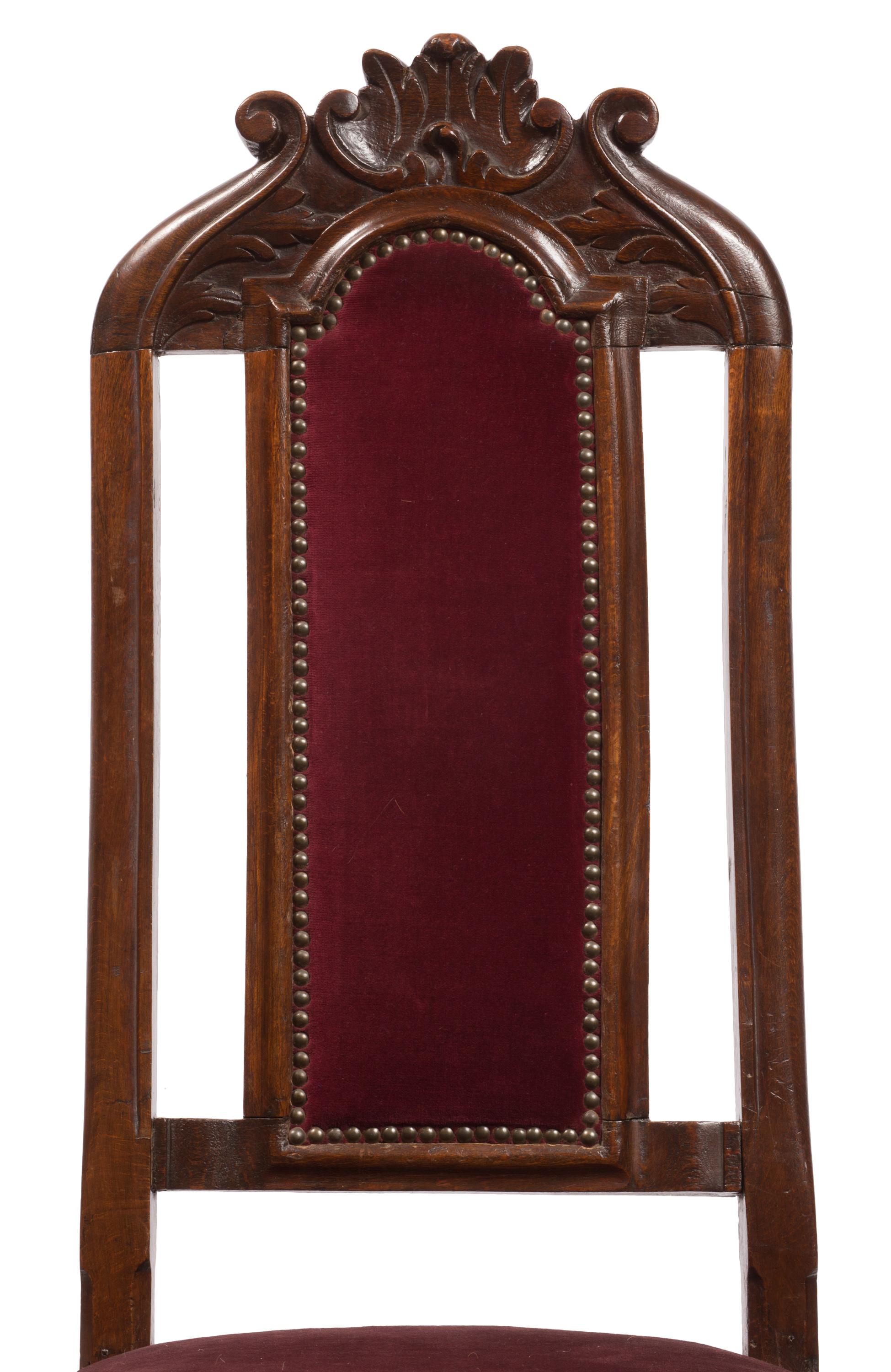 Spanish Pair of William & Mary / Queen Anne Style Chairs with Burgundy Velvet Upholstery For Sale