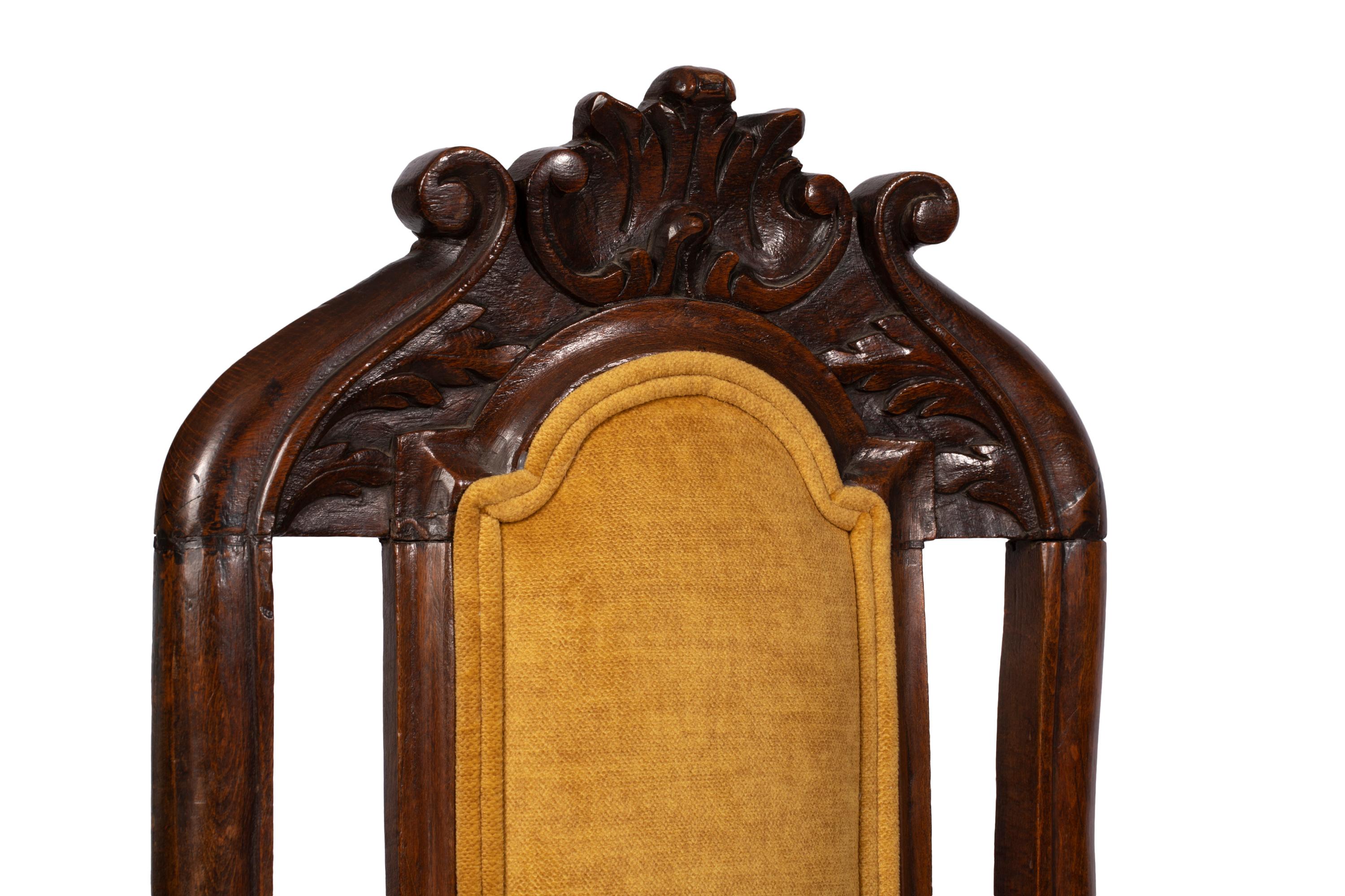 Spanish Pair of Antique Queen Anne Style Chairs w Modern Vivid Orange Yellow Upholstery For Sale