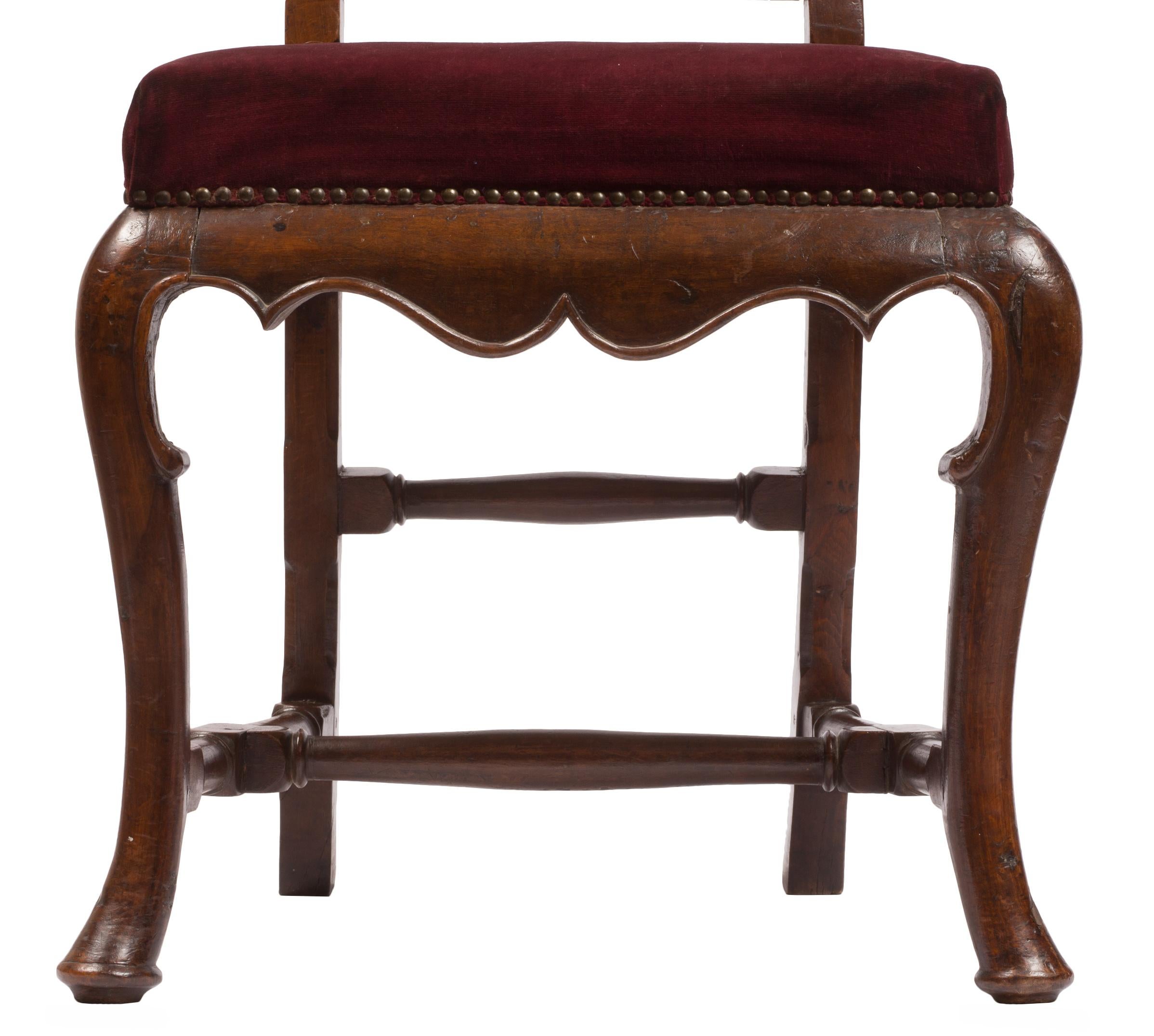 Hand-Carved Pair of William & Mary / Queen Anne Style Chairs with Burgundy Velvet Upholstery For Sale