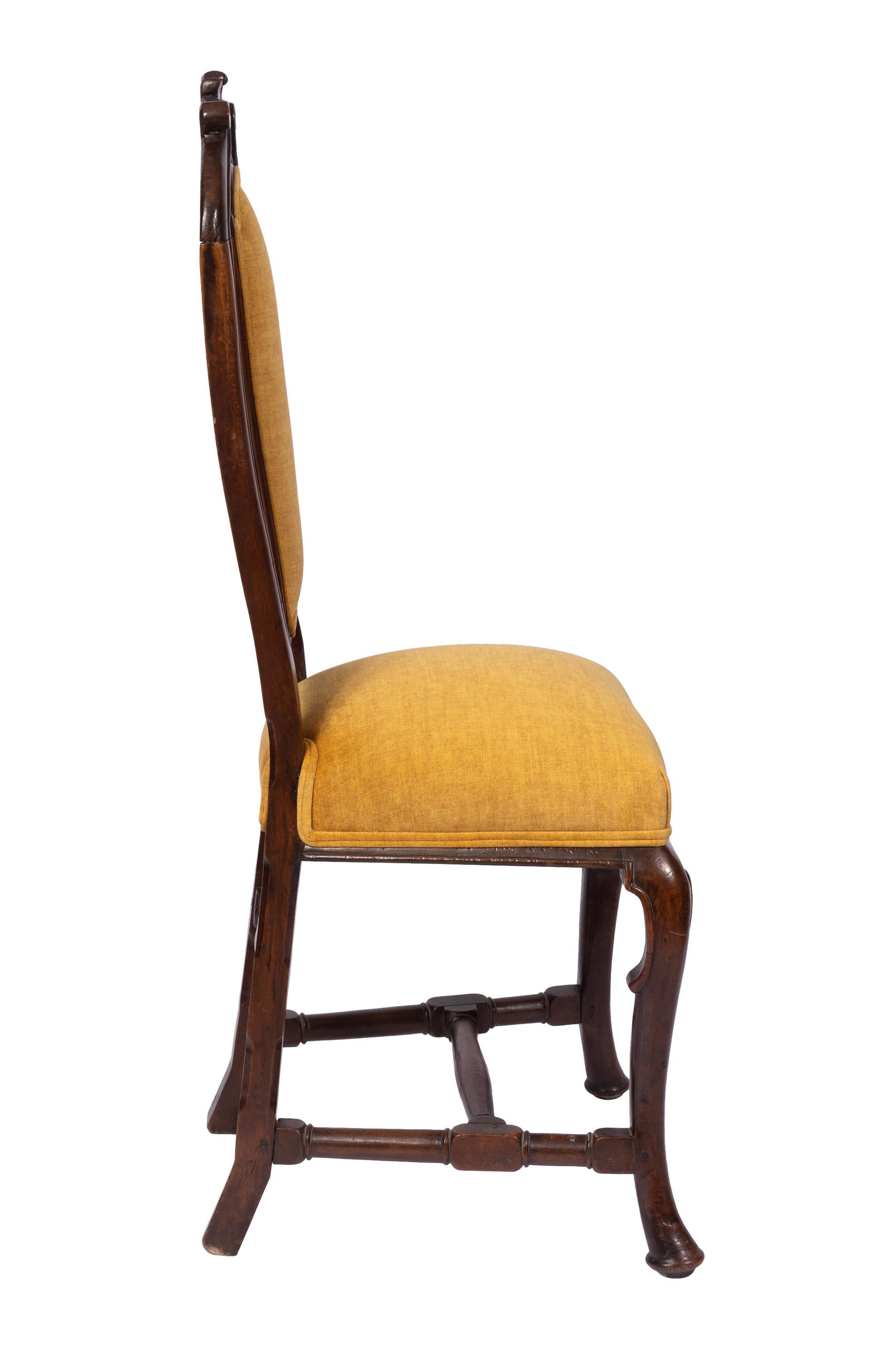 William and Mary Pair of Antique Queen Anne Style Chairs w Modern Vivid Orange Yellow Upholstery For Sale