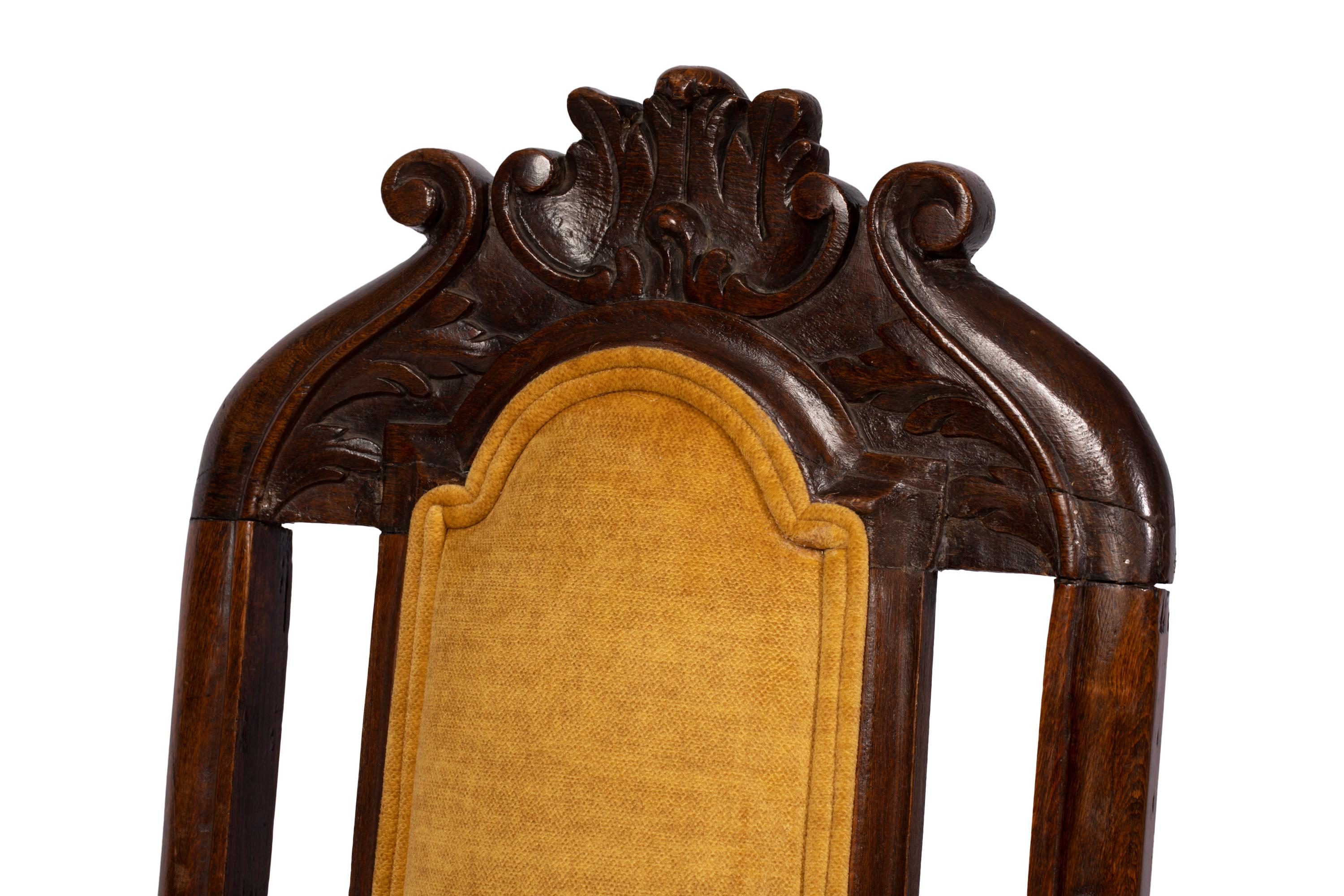 Hand-Carved Pair of Antique Queen Anne Style Chairs w Modern Vivid Orange Yellow Upholstery For Sale