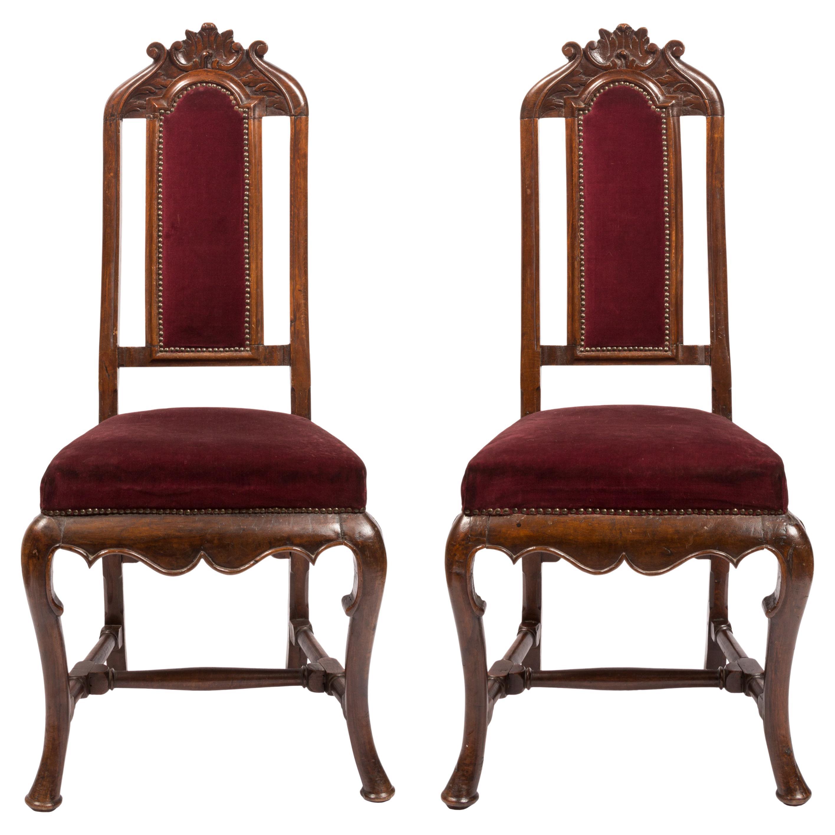 Pair of William & Mary / Queen Anne Style Chairs with Burgundy Velvet Upholstery