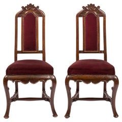 Antique Pair of William & Mary / Queen Anne Style Chairs with Burgundy Velvet Upholstery
