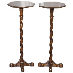 Pair of William & Mary Style English Carved Oak Barley Twist Jardiniere Stands