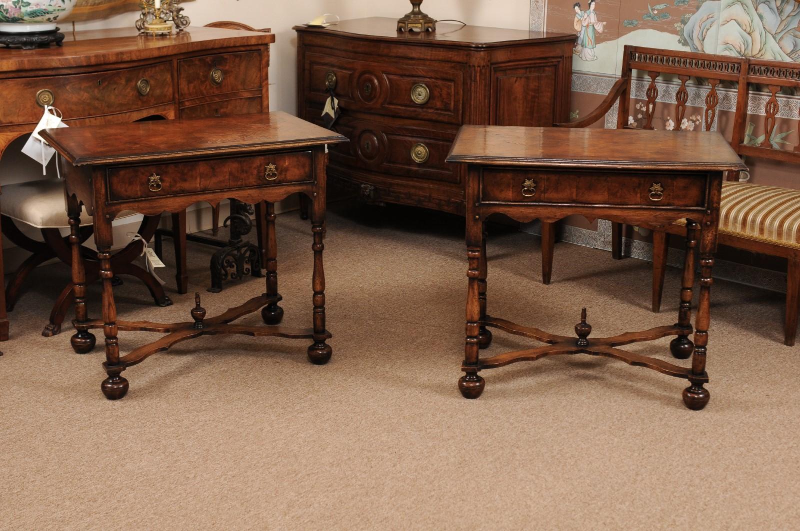 Pair of William & Mary Style Oyster Veneer Walnut Side Table 4