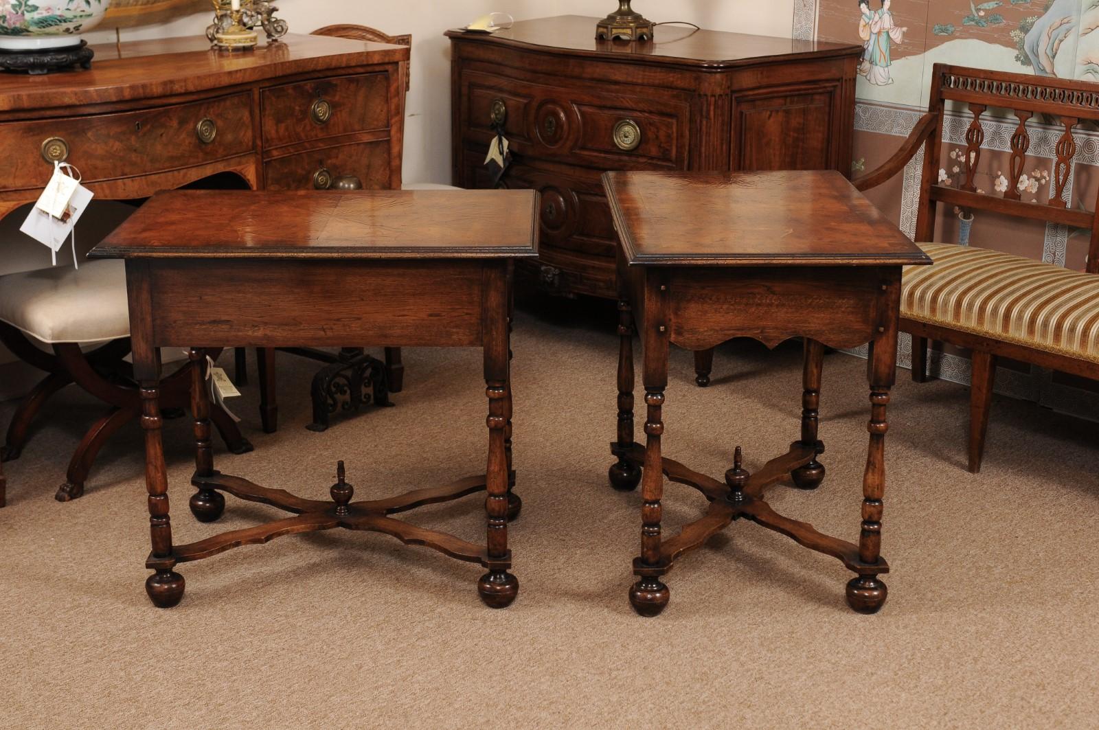 English Pair of William & Mary Style Oyster Veneer Walnut Side Table