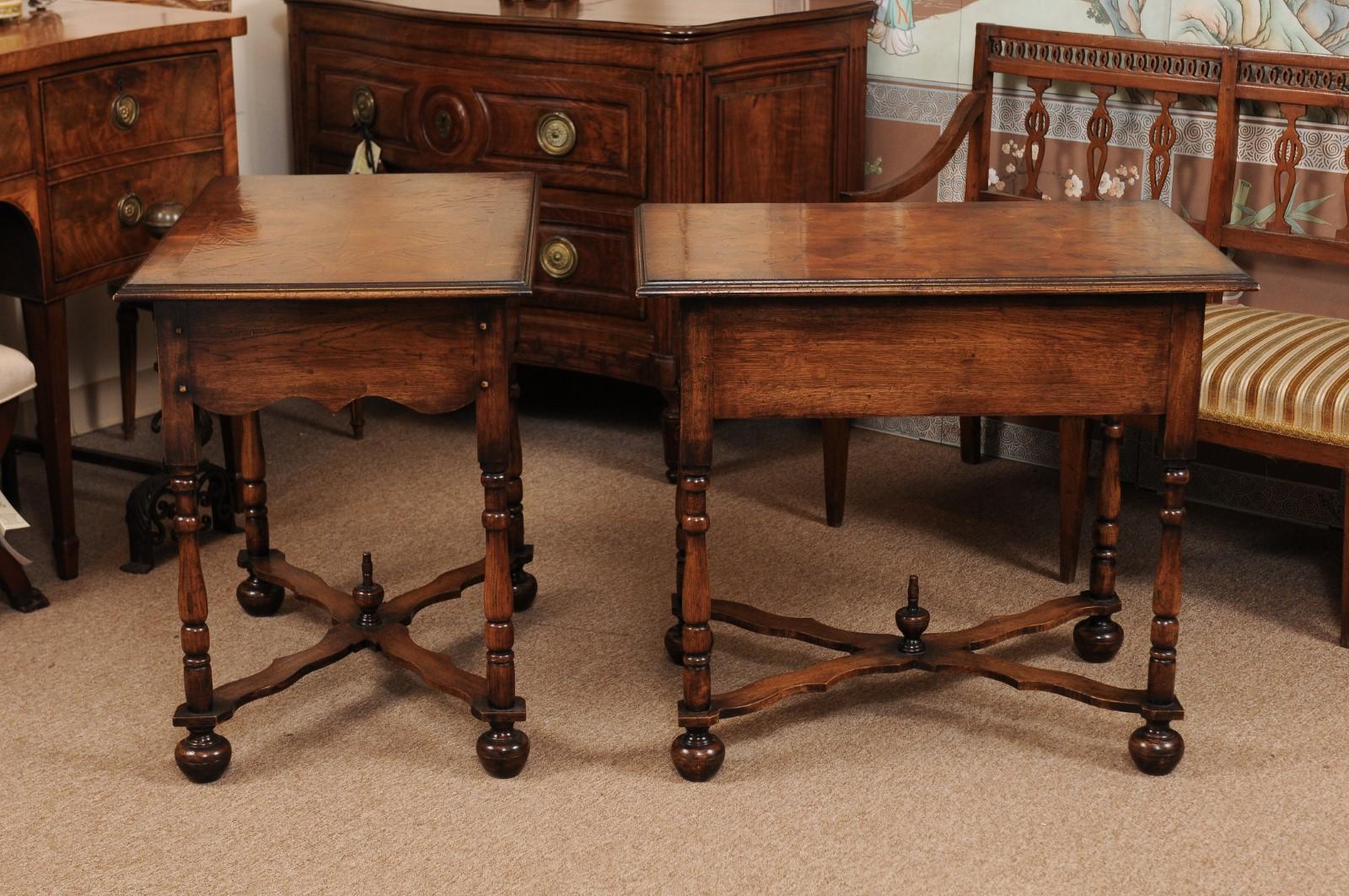 Pair of William & Mary Style Oyster Veneer Walnut Side Table In Good Condition In Atlanta, GA