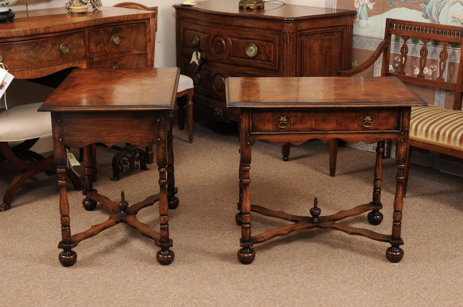 Pair of William & Mary Style Oyster Veneer Walnut Side Table 1