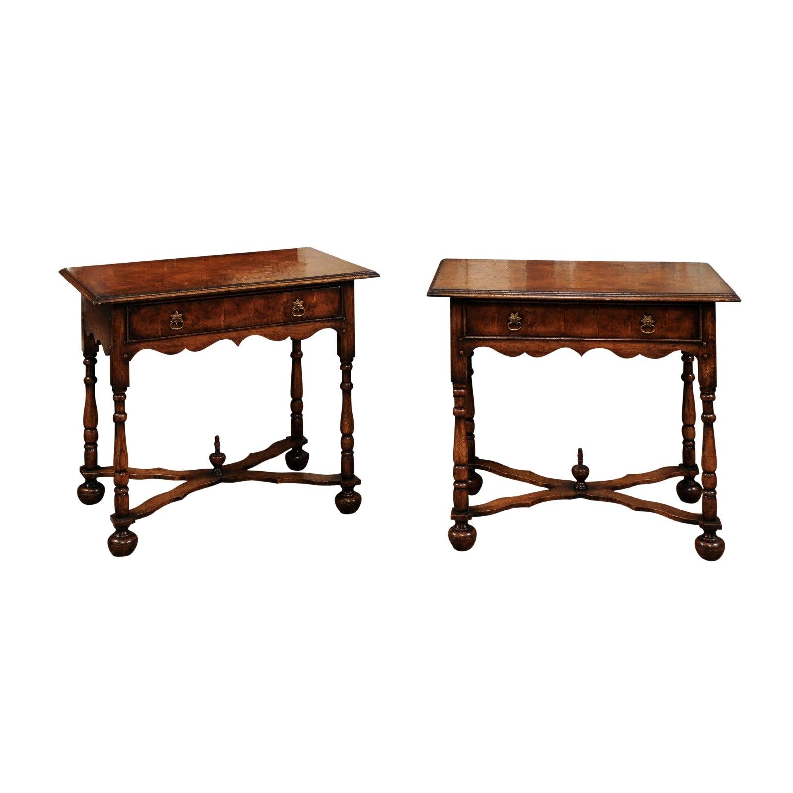 Pair of William & Mary Style Oyster Veneer Walnut Side Table