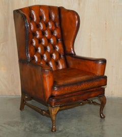 PAIR OF WILLIAM MORRIS CHESTERFIELD TUFTED WiNGBACK BROWN LEATHER ARMCHAIRS