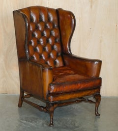 PAiR OF WILLIAM MORRIS CHESTERFIELD TUFTED WINGBACK BROWN LEATHER ARMCHAIRS