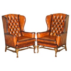 Used PAIR OF WILLIAM MORRIS CHESTERFIELD TUFTED WiNGBACK BROWN LEATHER ARMCHAIRS