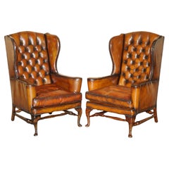 PAiR OF WILLIAM MORRIS CHESTERFIELD TUFTED WINGBACK BROWN LEATHER ARMCHAIRS