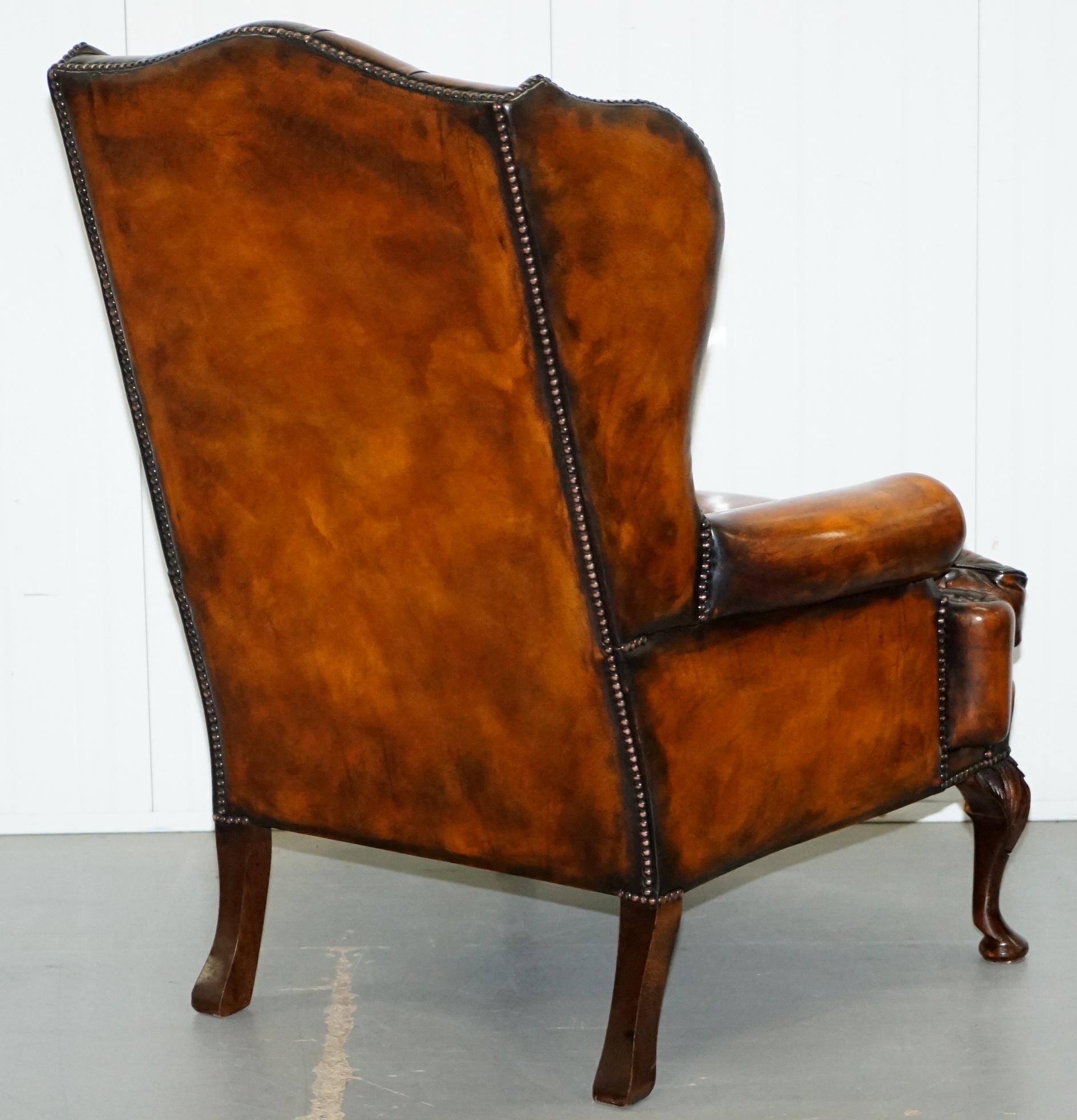 Pair of William Morris Chesterfield Victorian Wingback Armchairs Brown Leather 6