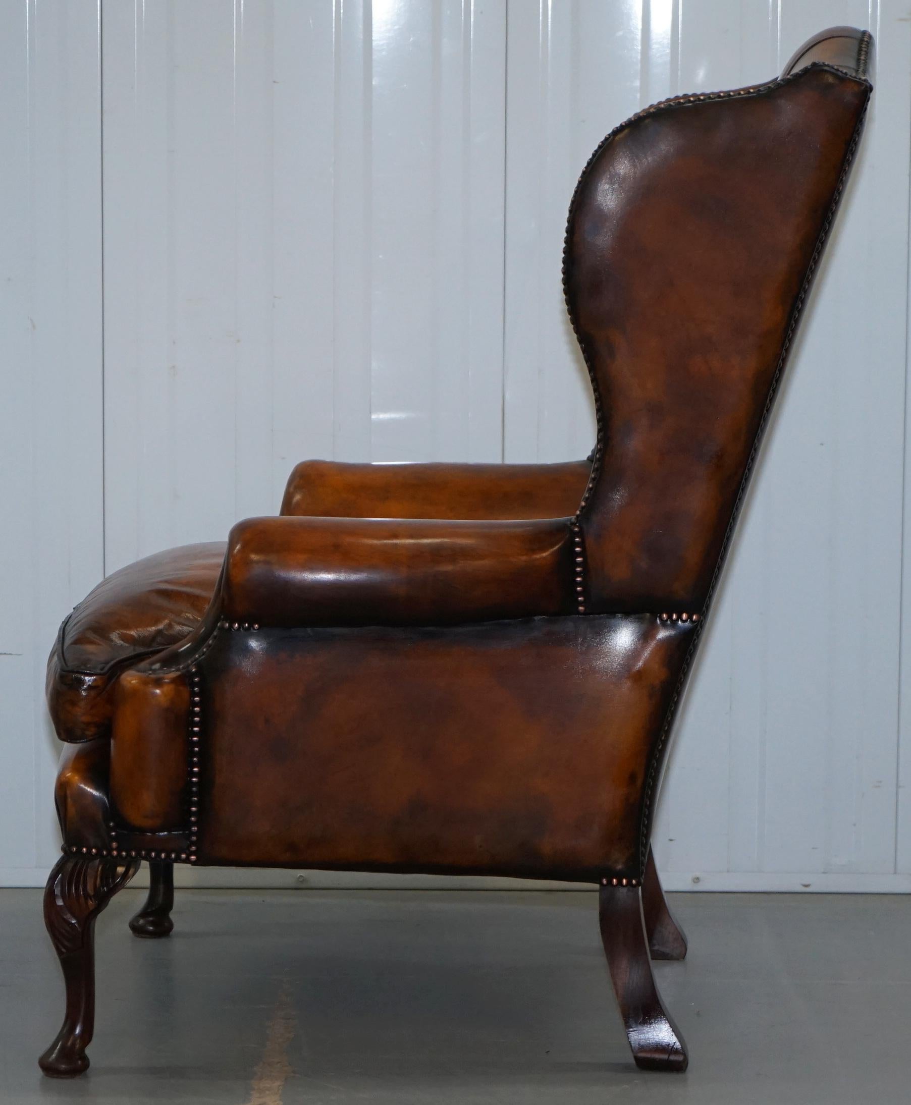 Pair of William Morris Chesterfield Victorian Wingback Armchairs Brown Leather 8