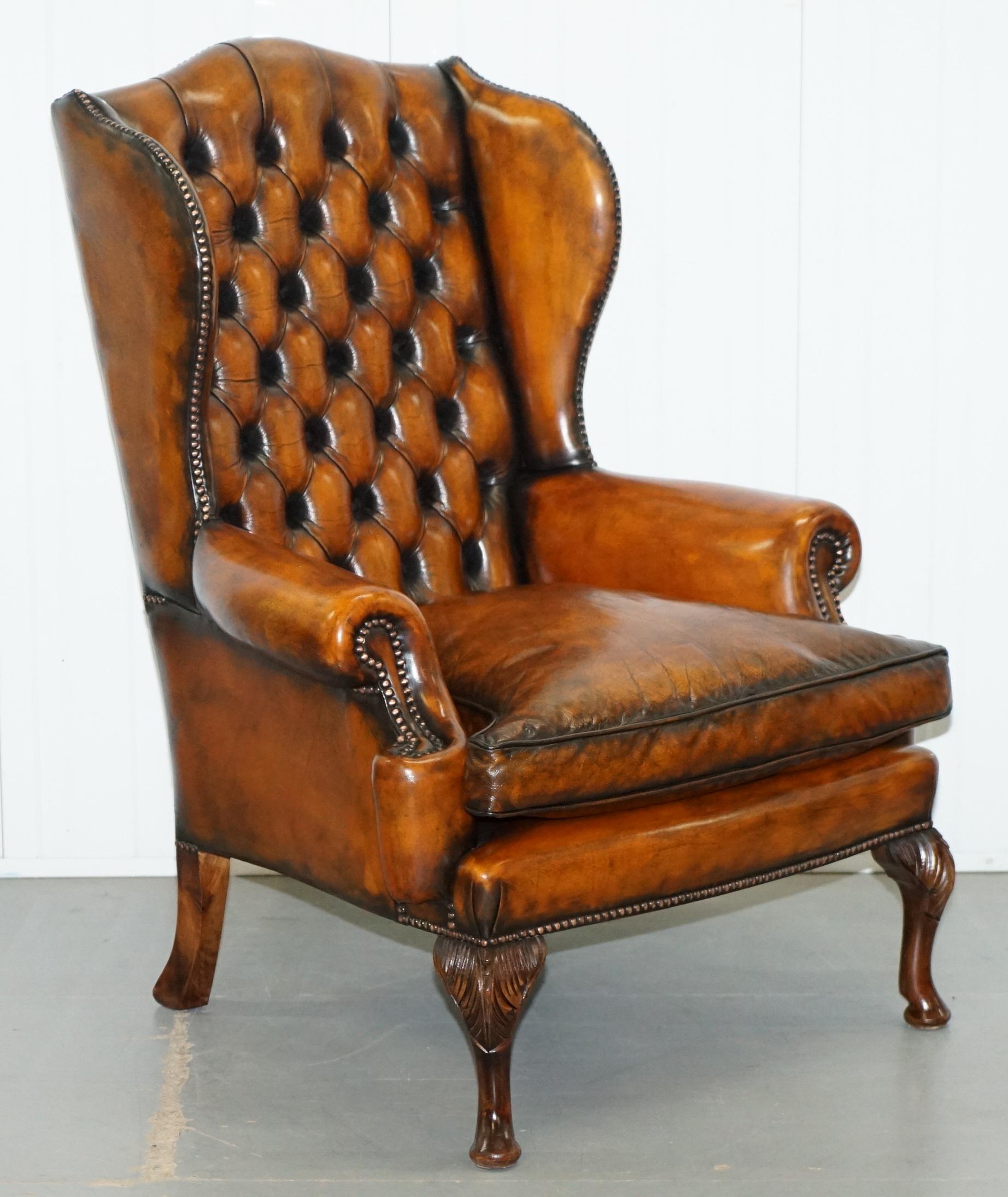 Pair of William Morris Chesterfield Victorian Wingback Armchairs Brown Leather 9