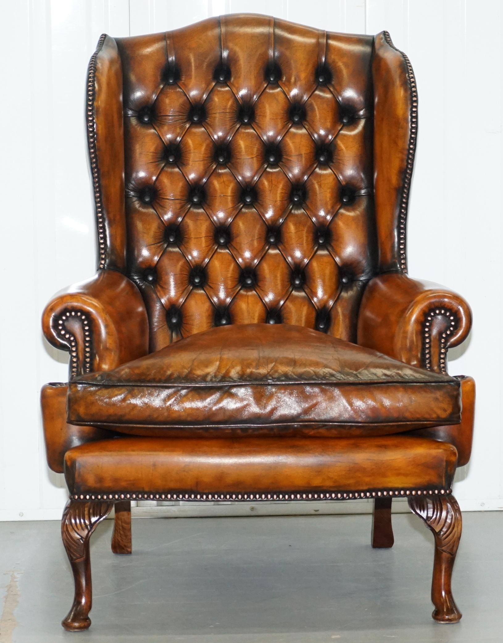 Pair of William Morris Chesterfield Victorian Wingback Armchairs Brown Leather 10