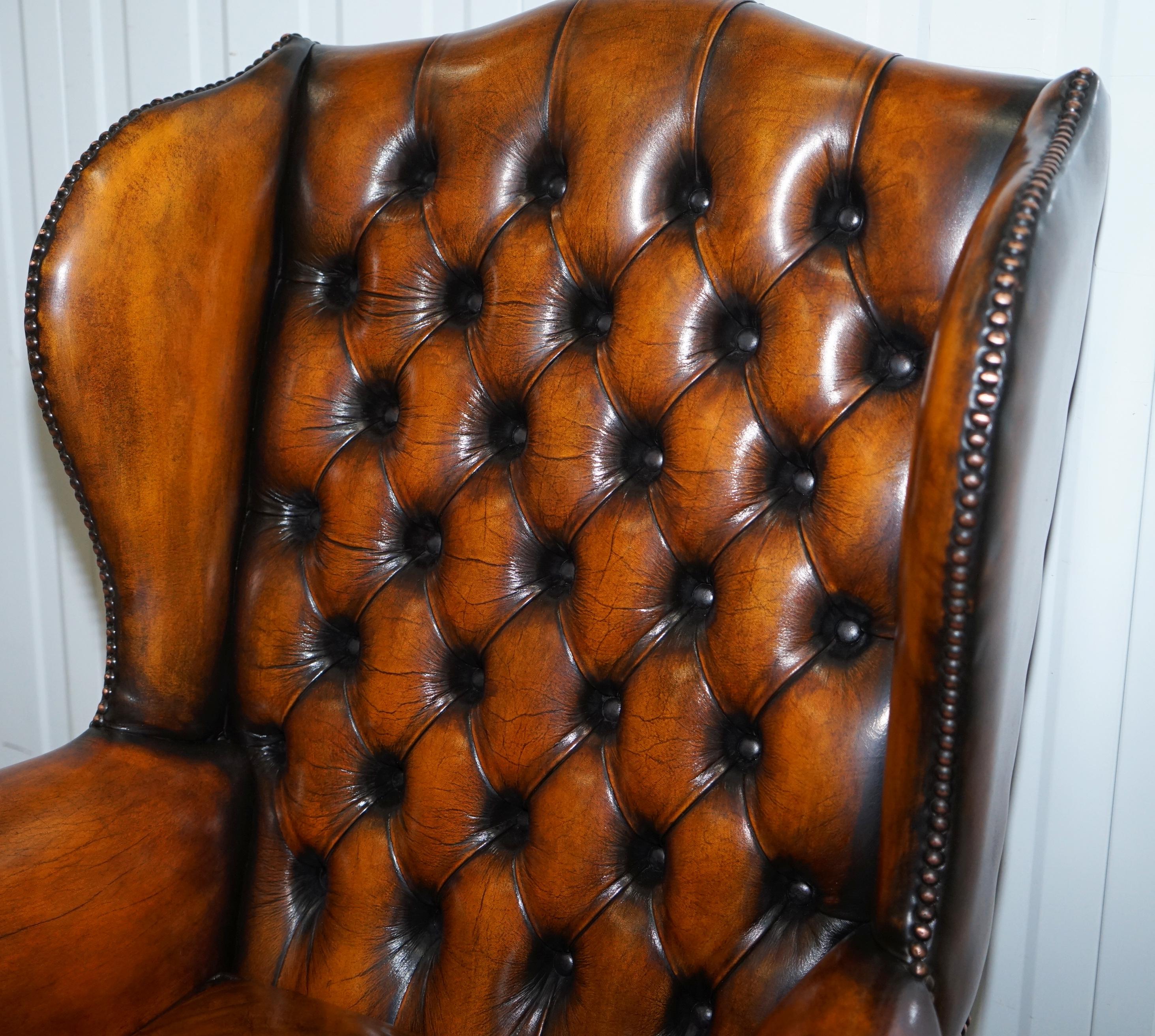 Pair of William Morris Chesterfield Victorian Wingback Armchairs Brown Leather 11