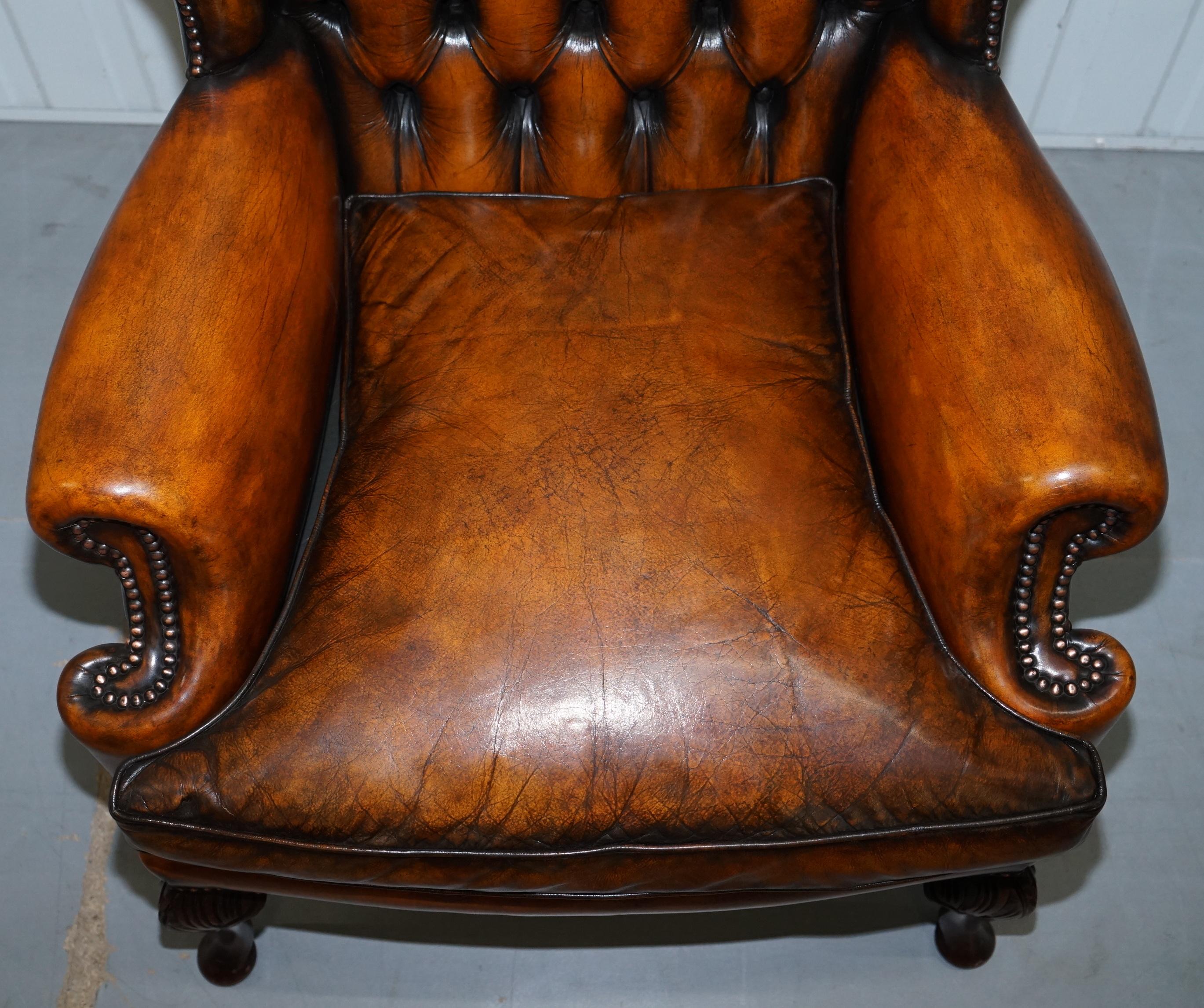 Pair of William Morris Chesterfield Victorian Wingback Armchairs Brown Leather 12