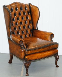 Pair of William Morris Chesterfield Victorian Wingback Armchairs Brown Leather