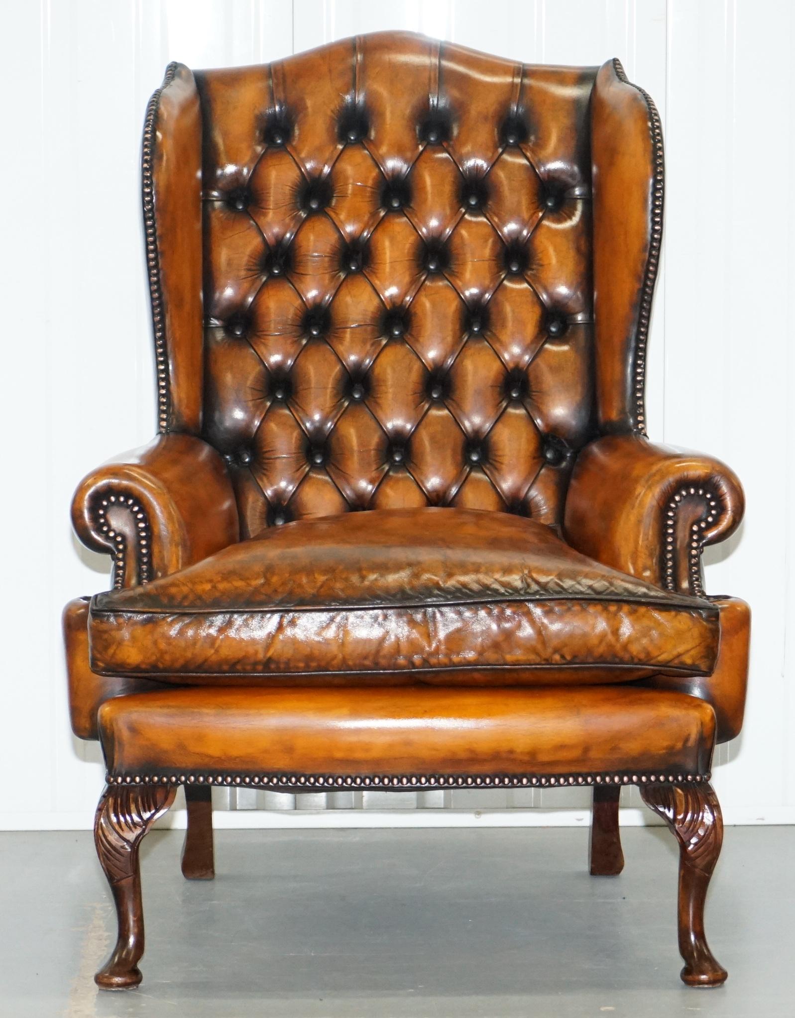British Pair of William Morris Chesterfield Victorian Wingback Armchairs Brown Leather