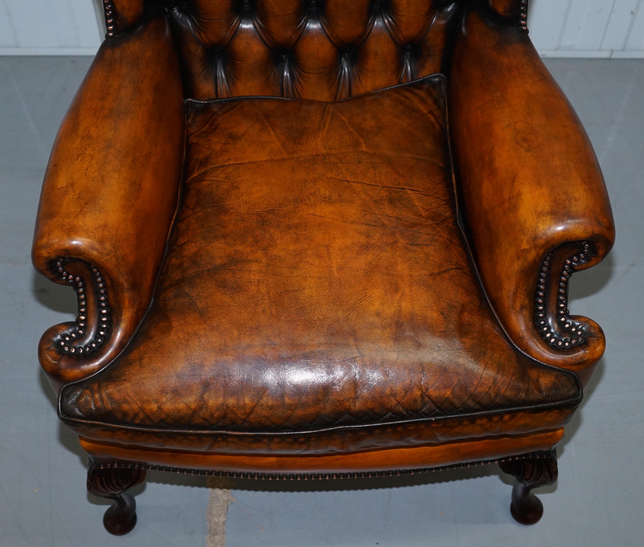 Hand-Crafted Pair of William Morris Chesterfield Victorian Wingback Armchairs Brown Leather