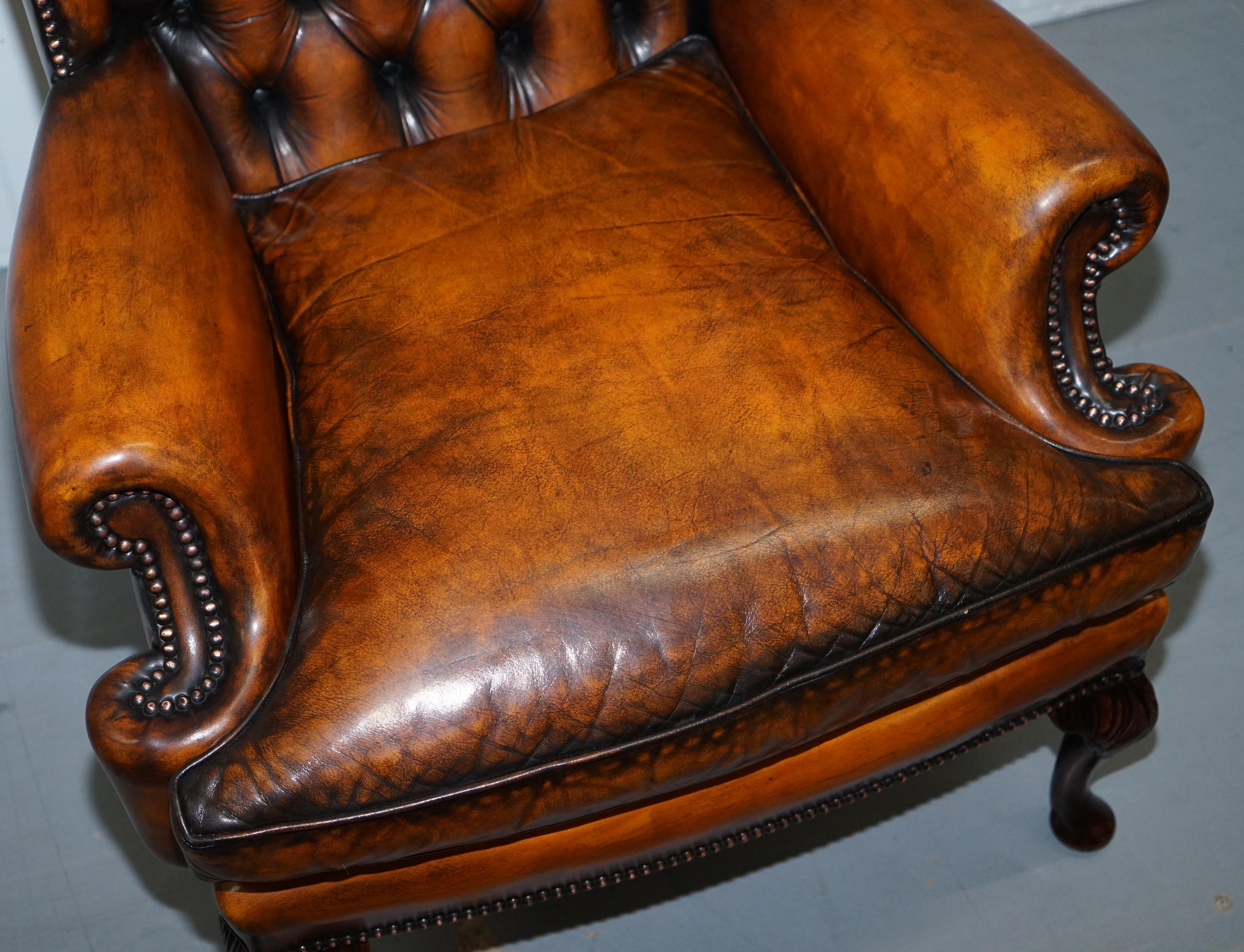 Pair of William Morris Chesterfield Victorian Wingback Armchairs Brown Leather 1