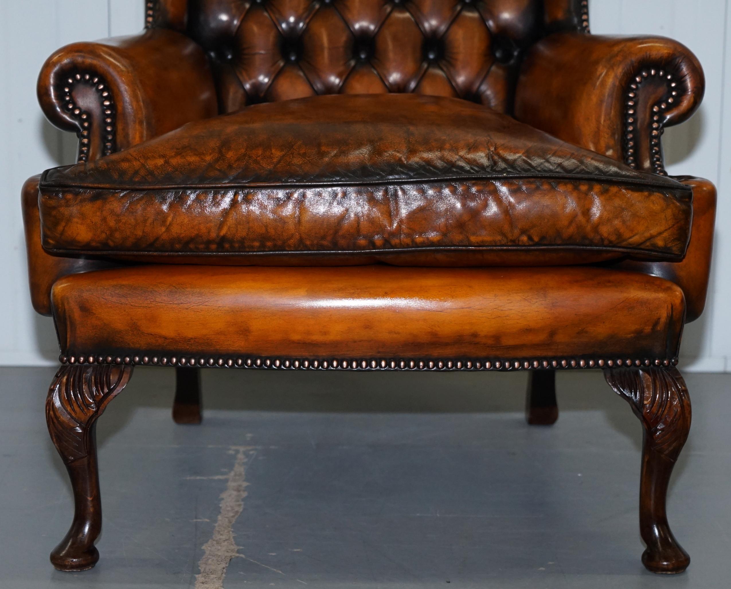 Pair of William Morris Chesterfield Victorian Wingback Armchairs Brown Leather 3