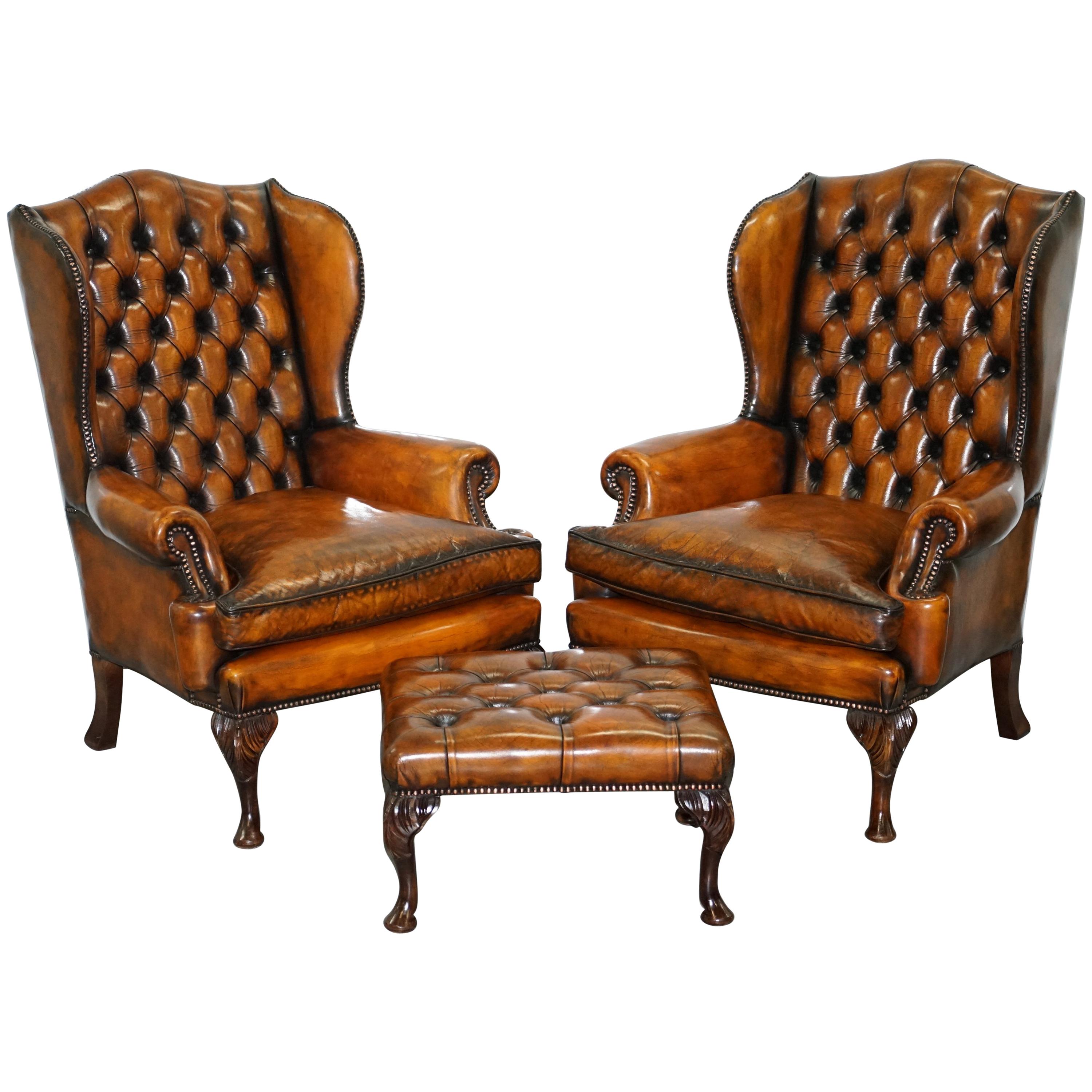 Pair of William Morris Chesterfield Victorian Wingback Armchairs Brown Leather