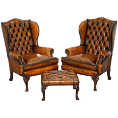 Antique Pair of William Morris Chesterfield Victorian Wingback Armchairs Brown Leather