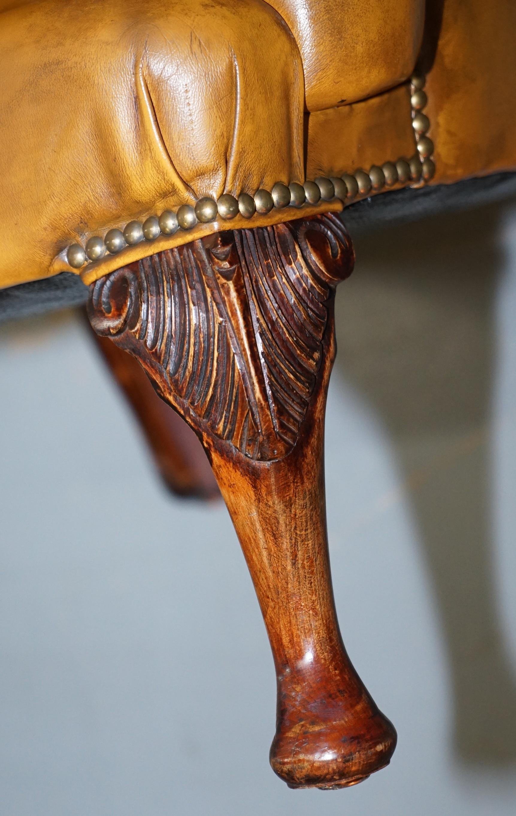 Pair of William Morris Chesterfield Wingback Armchairs & Footstool Brown Leather 3