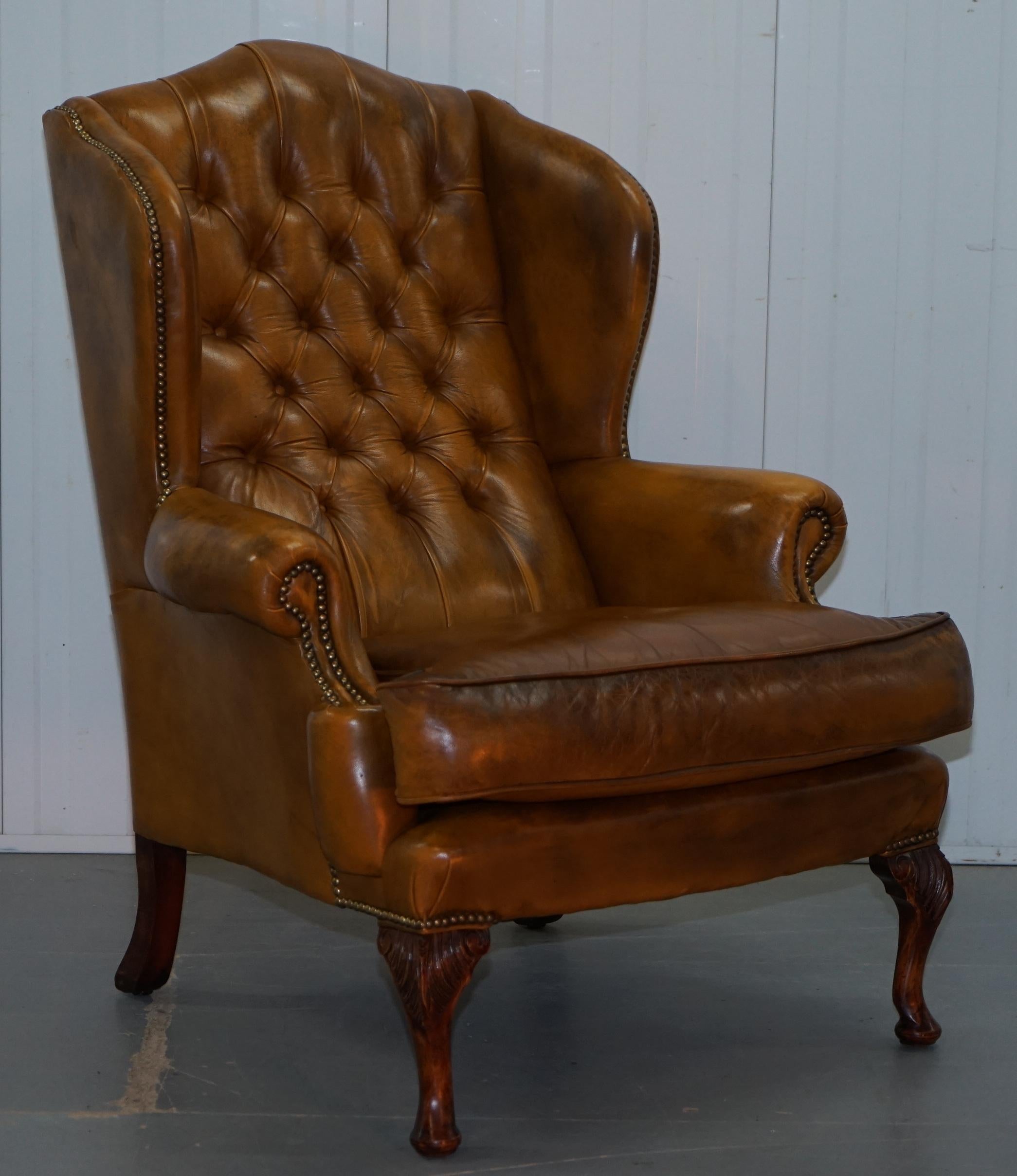 Pair of William Morris Chesterfield Wingback Armchairs & Footstool Brown Leather 5