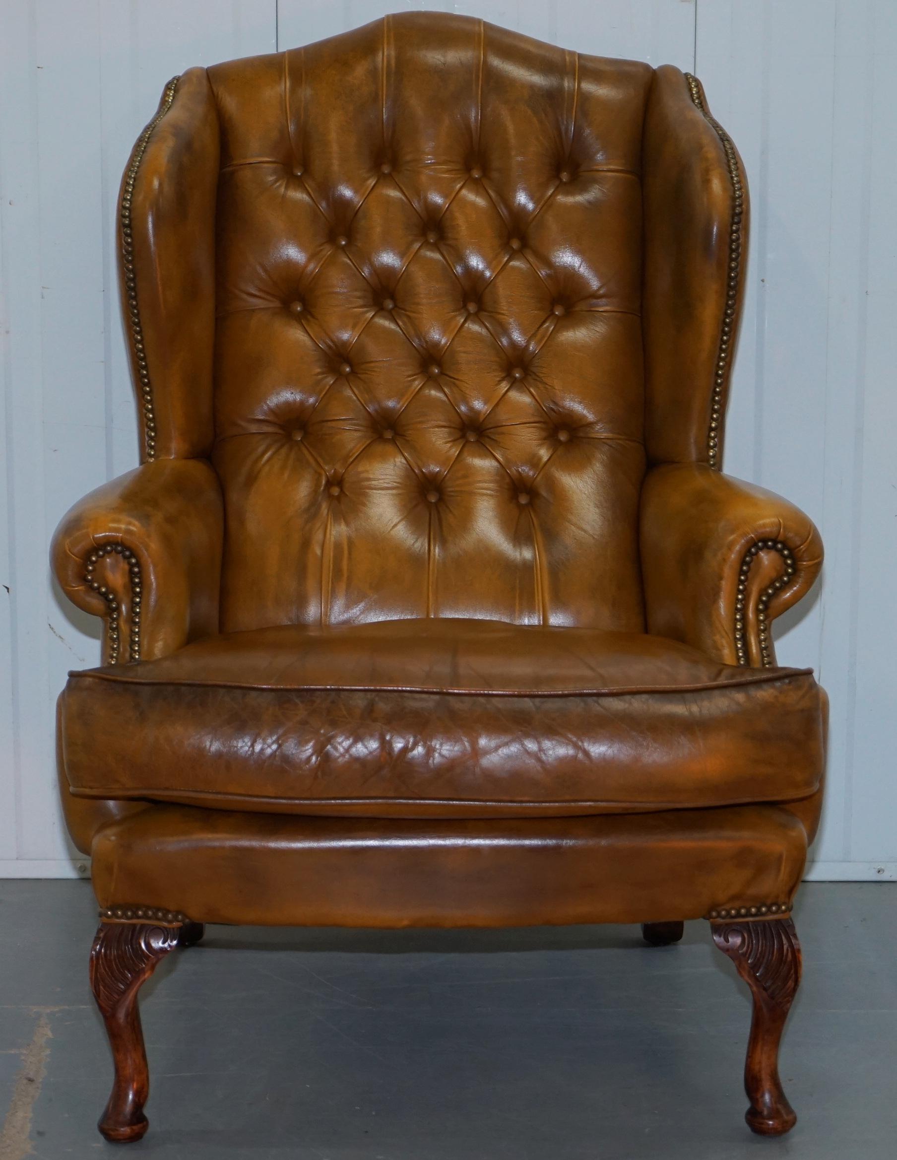 Pair of William Morris Chesterfield Wingback Armchairs & Footstool Brown Leather 6