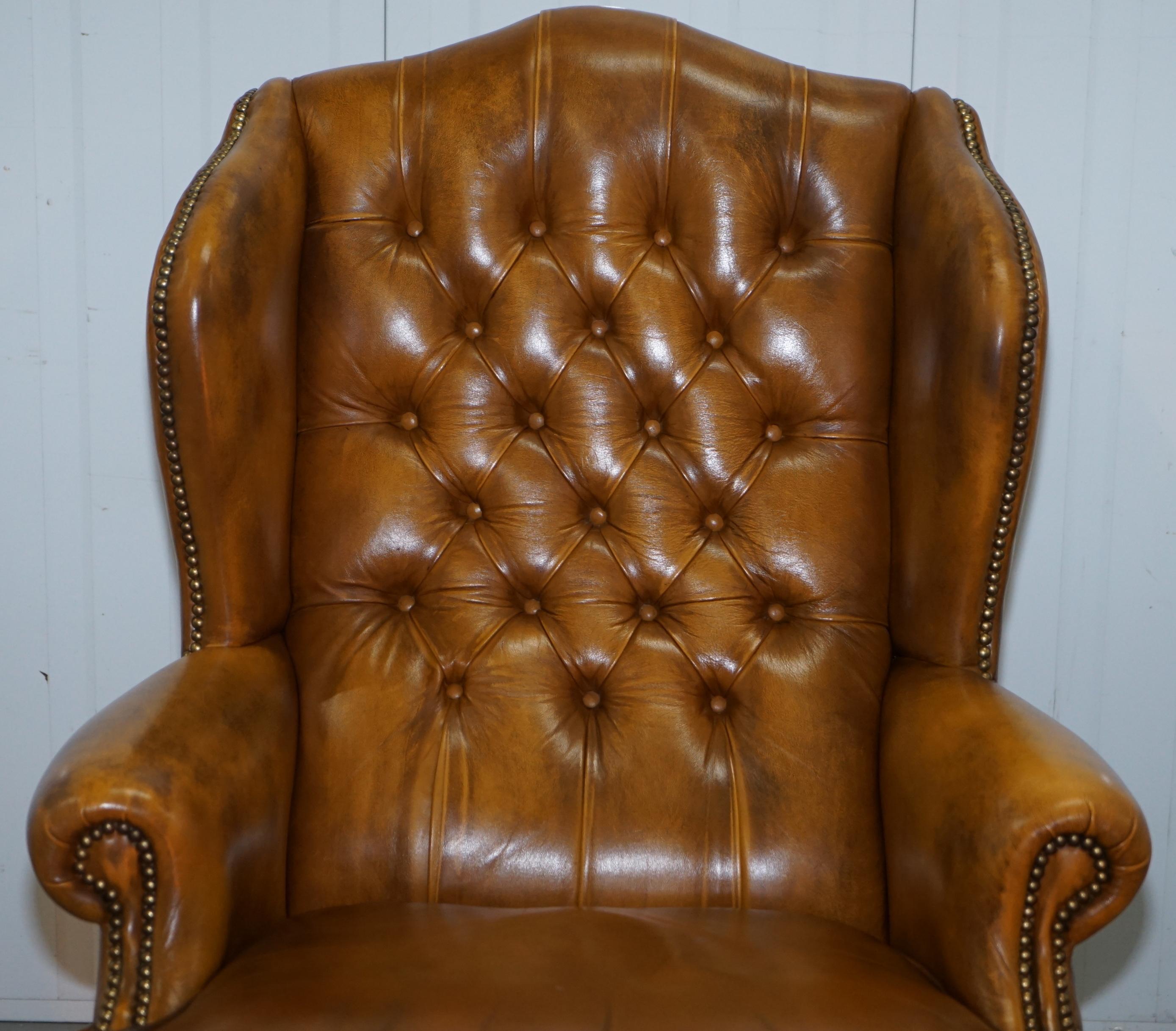 Pair of William Morris Chesterfield Wingback Armchairs & Footstool Brown Leather 7