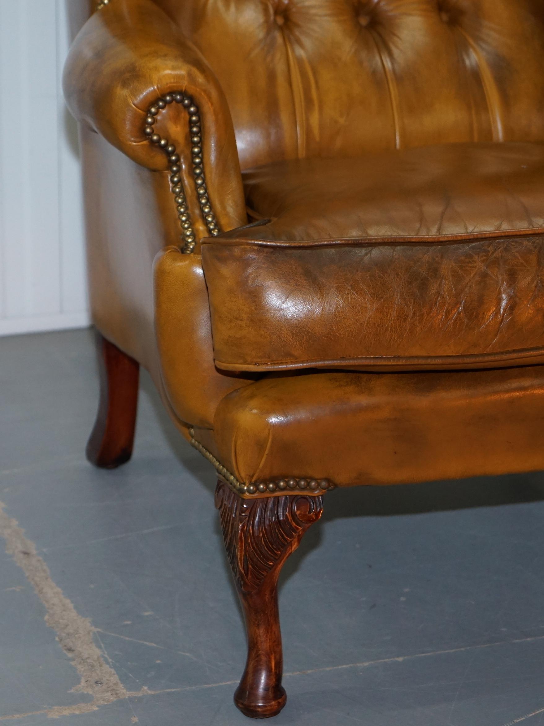 Pair of William Morris Chesterfield Wingback Armchairs & Footstool Brown Leather 9