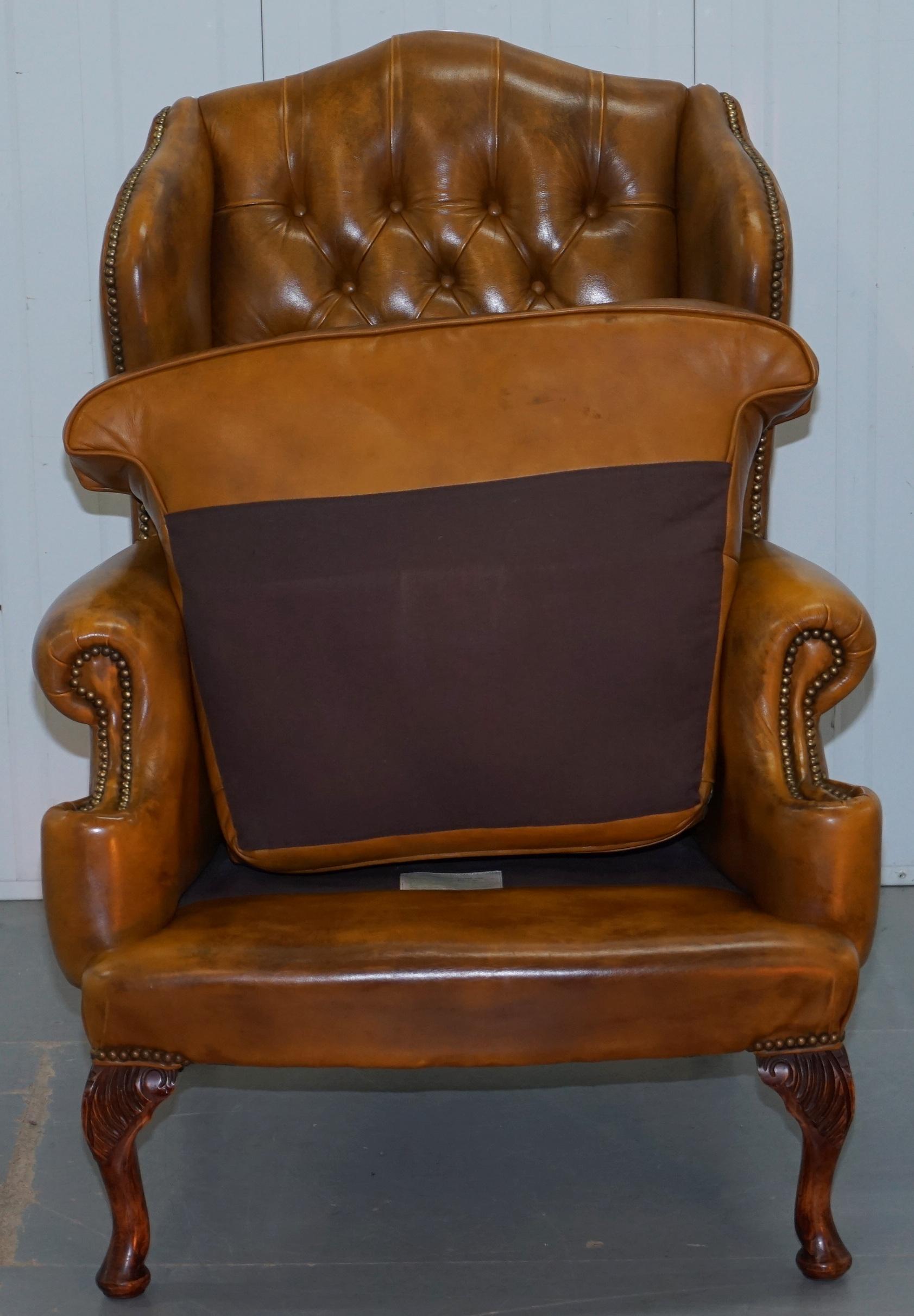 Pair of William Morris Chesterfield Wingback Armchairs & Footstool Brown Leather 9