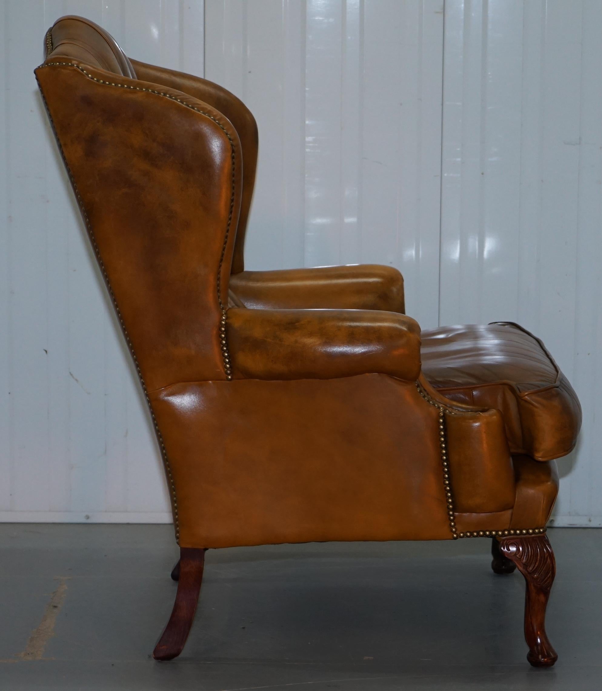 Pair of William Morris Chesterfield Wingback Armchairs & Footstool Brown Leather 11