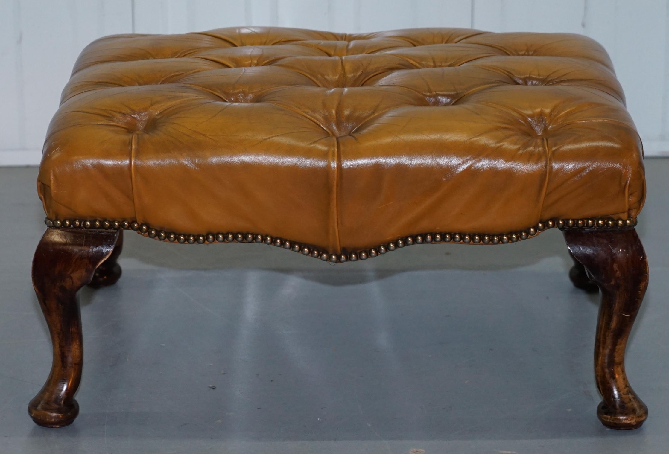 Pair of William Morris Chesterfield Wingback Armchairs & Footstool Brown Leather 12